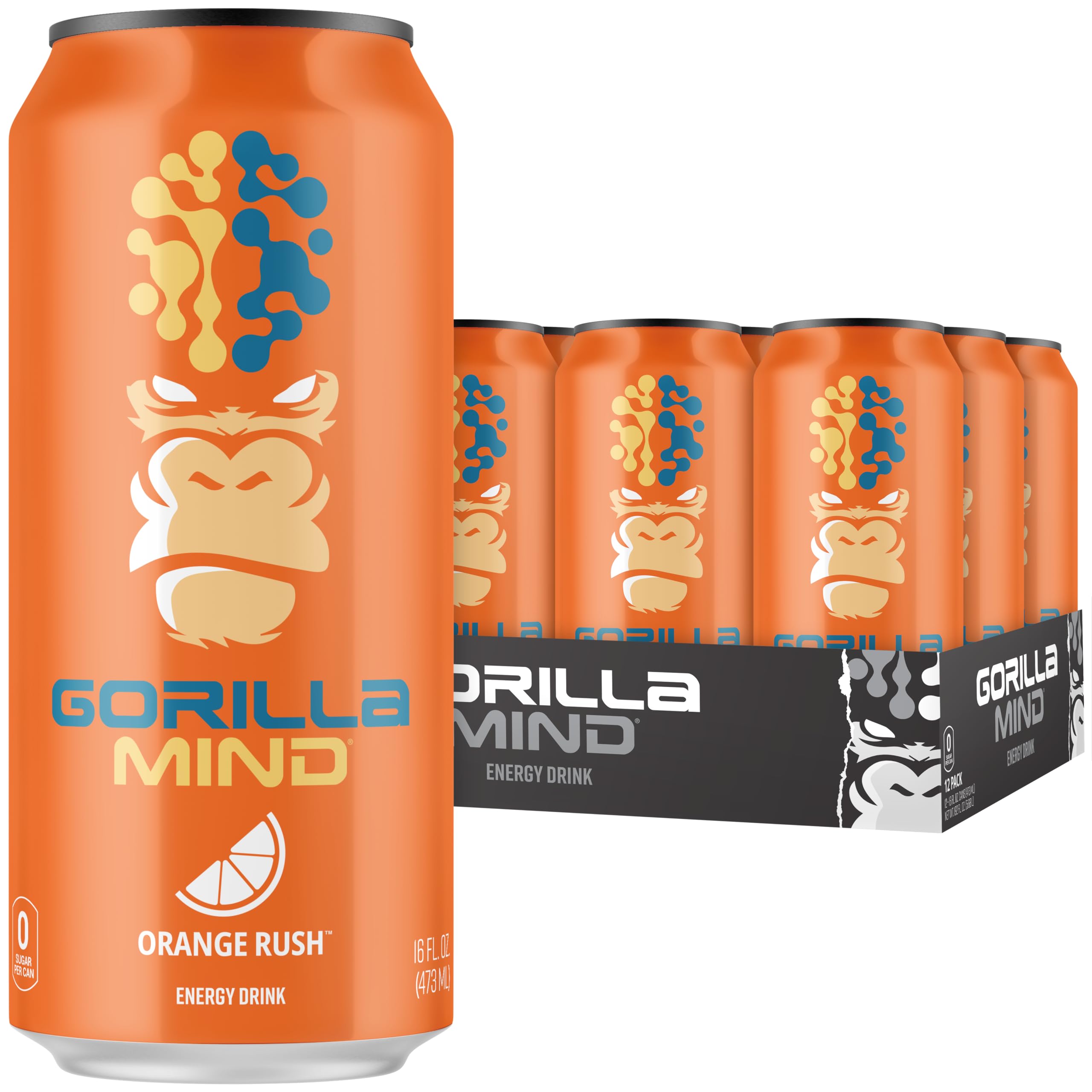 Gorilla Mind Energy Drink | Unmatched Energy · Amplified Focus | N-Acetyl-L-Tyrosine, Alpha-GPC, 200mg Caffeine, Uridine, Saffron | 0 Sugar Or Artificial Colors | 16oz, 12-Pack (Orange Rush)