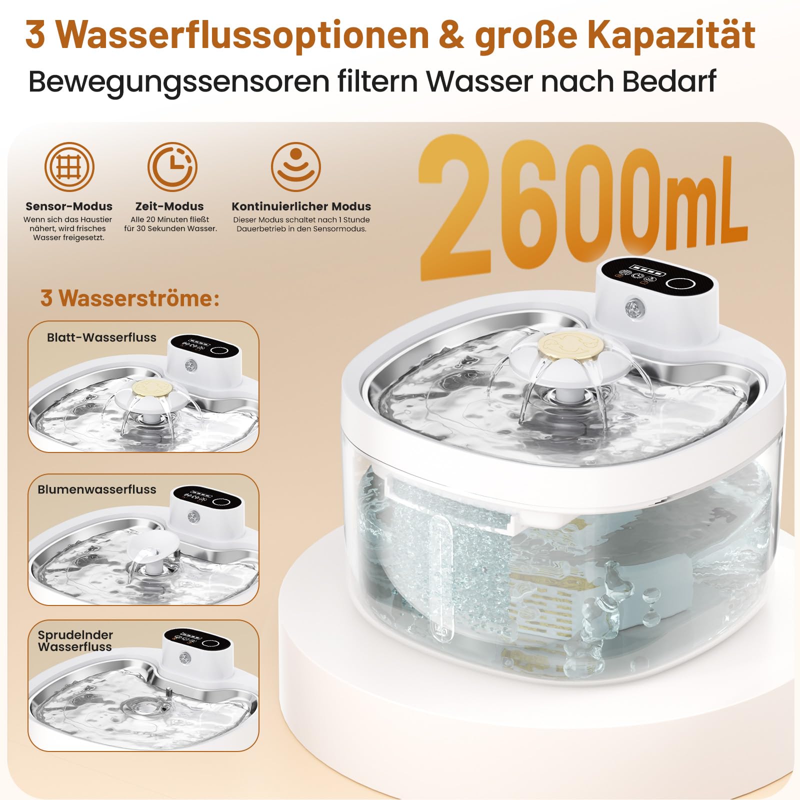 Katzenbrunnen, 2.6L Trinkbrunnen für Katze mit 4 Filter, Leise Katzenbrunnen Kabellos mit Bewegungsmelder, 4000mAh Batteriebetrieben Katzentrinkbrunnen, Tablett aus Edelstahl für Katze - BPA-Frei