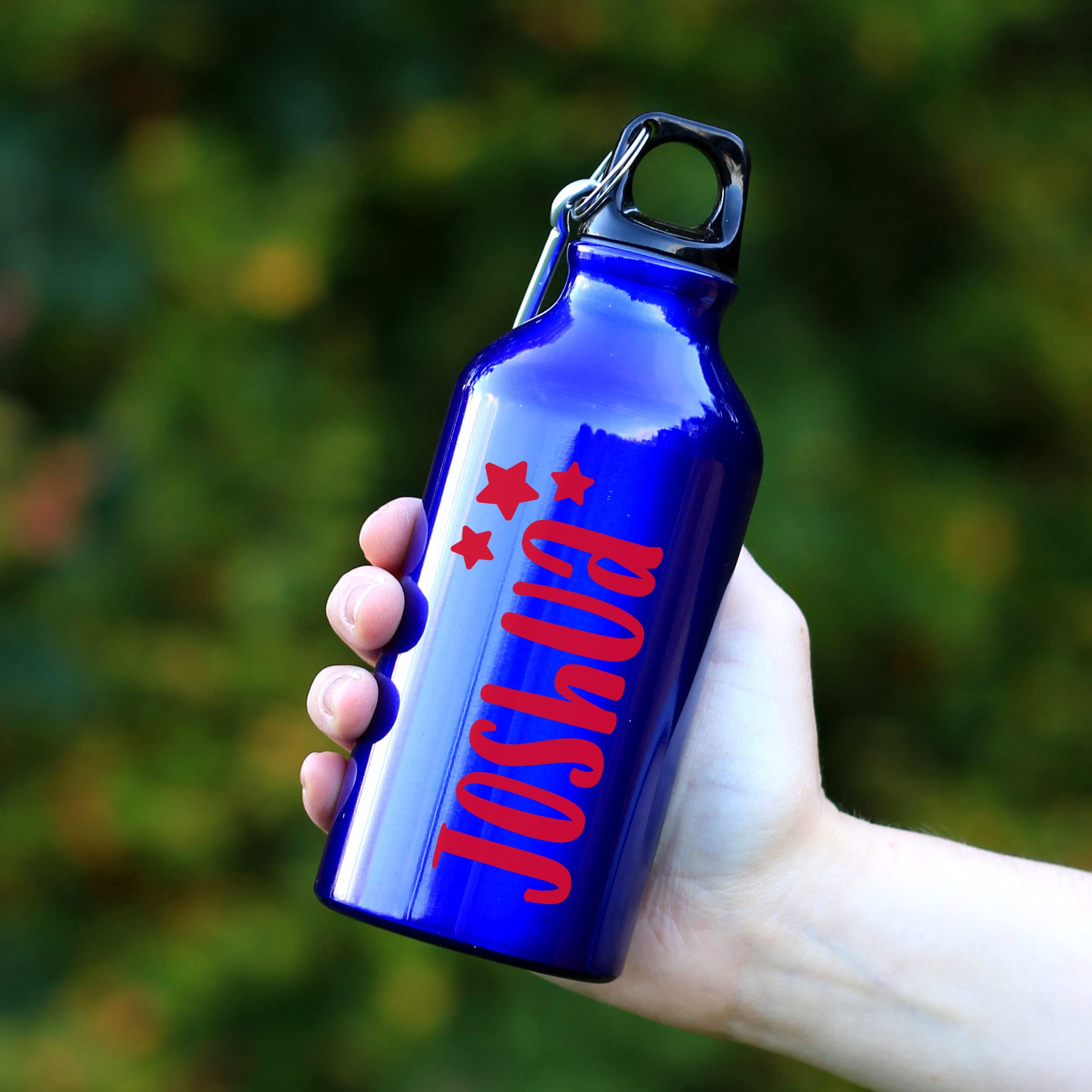 eBuyGB Personalised Kids Water Bottle with Carabiner Clip for School, Nursery - Reusable BPA Free 400ml Metal Drinks Bottle for Children - Any Name (Blue)