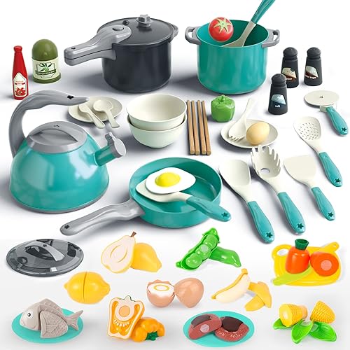 Miniatura 20 de Bruvoalon Juego de 67 piezas de juguetes de cocina para niños, juego de cocina de simulación para niños pequeños con ollas, sartenes, utensilios
