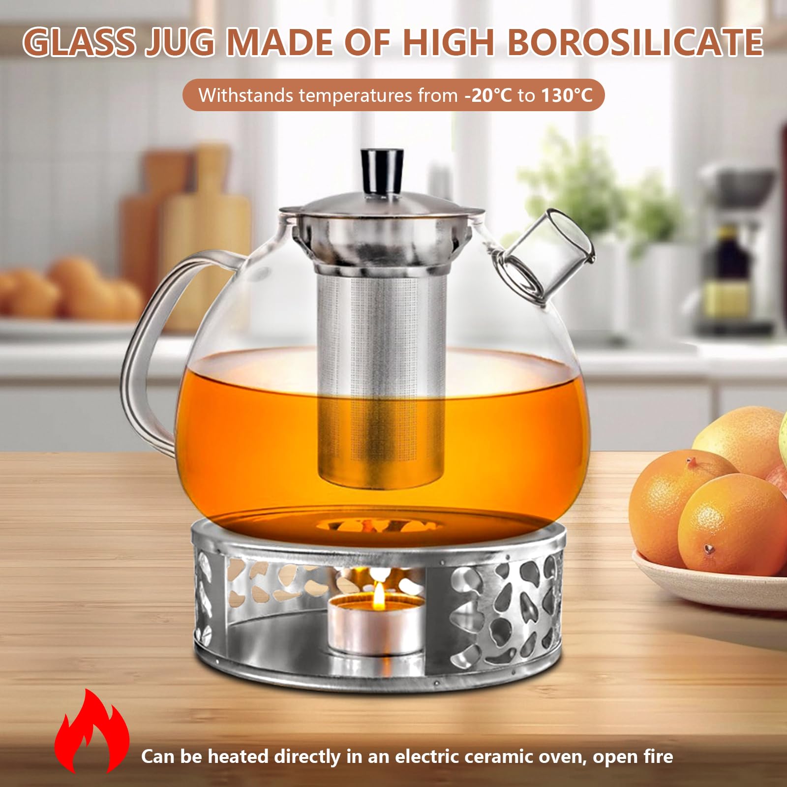 1500ML Teekanne mit Siebeinsatz aus Glas, mit Stövchen, Teapot with Strainer, Teekanne mit Teelicht Wärmer, für Losen Tees Fruchttee Duftender Tee (GlasteekanneSet)