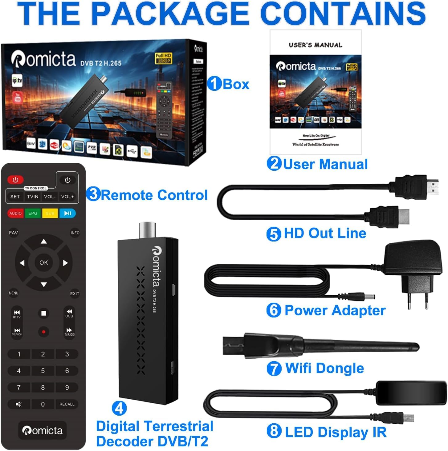 Romicta Décodeur TNT HD - Tuner HDMI DVB-T2/C, Résolution 1080P H.265 HEVC 10 Bits, USB, WiFi, PVR, LCN, Youtube, Lecteur Multimédia, Télécommande Universelle 2 en 1