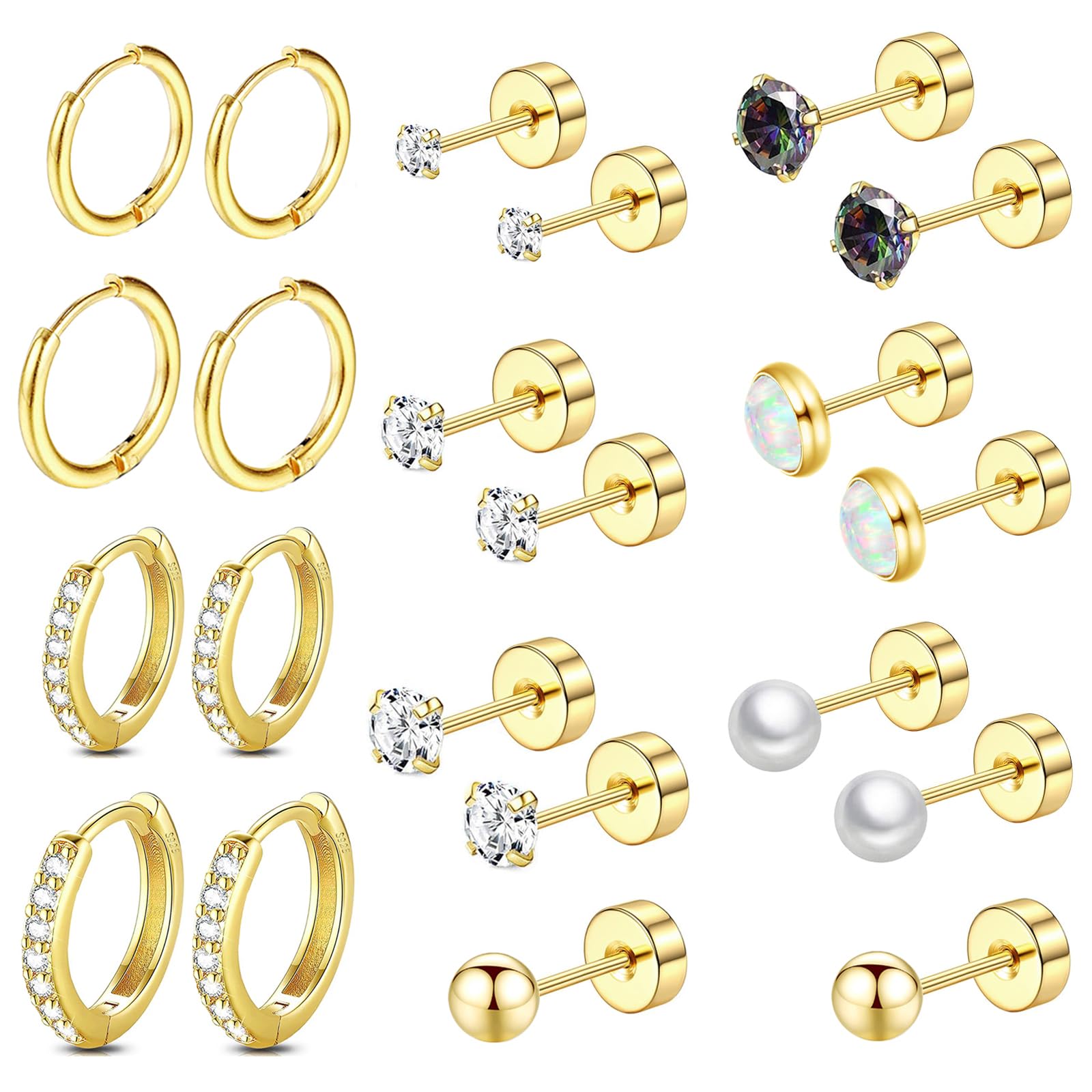 Surgical Steel Flat Back Earrings Set for Multiple Piercing Sensitive Ears,Sterling Silver Hypoallergenic Small Cartilage Huggie Hoop Earrings Titanium Tiny CZ Pearl Opal Stud Earrings for Women