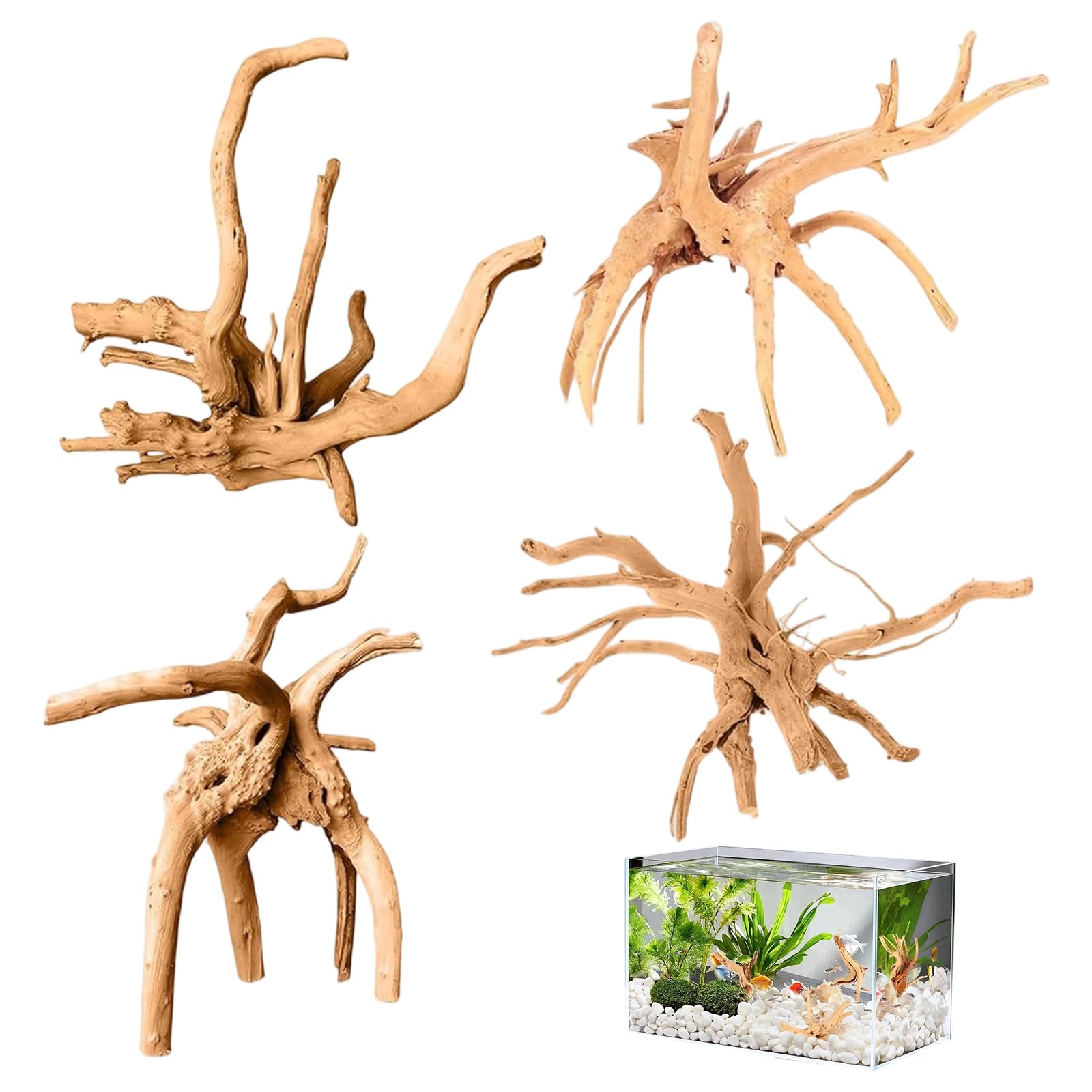 4 sztuki korzeni do akwarium, drewno dryfujące, dekoracja 12-20 cm, drewno korzeniowe, losowy kształt, drewniany pień dekoracyjny do akwariów i terrarium, dekoracja drewniana