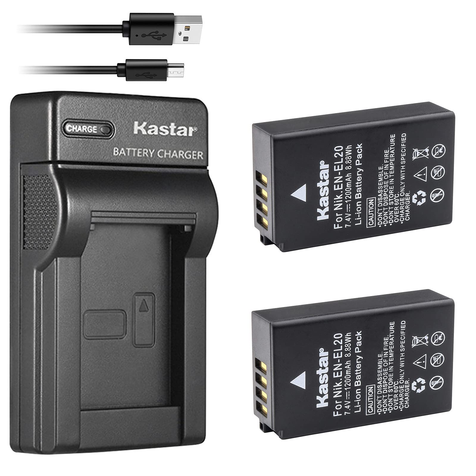 Kastar Battery (X2) & Slim USB Charger for Nik EN-EL20, ENEL20, EN-EL20a and Nik Coolpix A, Nik 1 AW1, 1 J1, 1 J2, 1 J3, 1 S1, 1 V3, and Blackmagic