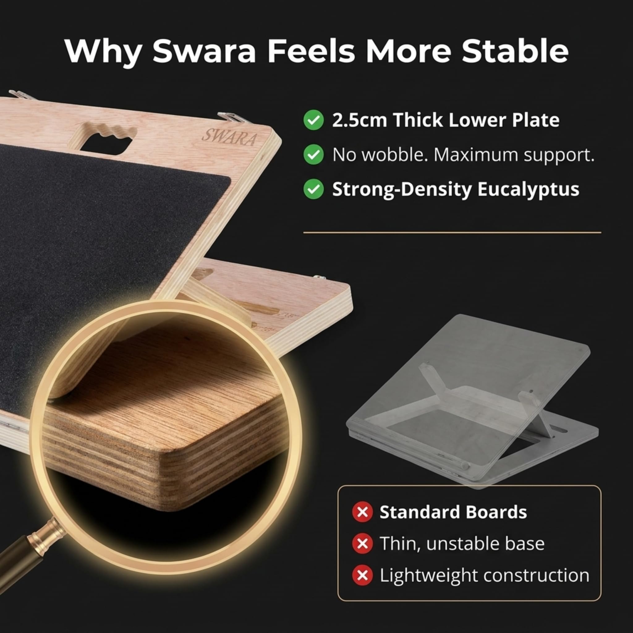 Swara Tabla inclinada de madera portátil profesional, estirador de pantorrilla ajustable, 17 pulgadas de ancho, capacidad de 400 libras, estiramiento de pantorrillas, sentadillas, terapia física,
