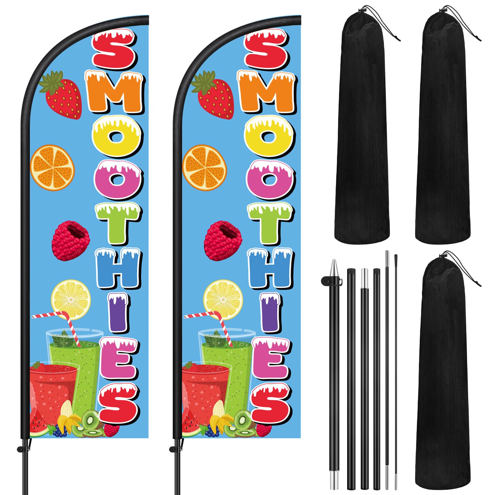 Remagr 2 Pack Smoothies Feather Flag 7 ft Advertising Swooper Flag Sign Windless Smoothies Banner with Pole Kit and Ground Stake for Businesses Storefronts Retailers Shops Food Trucks Events