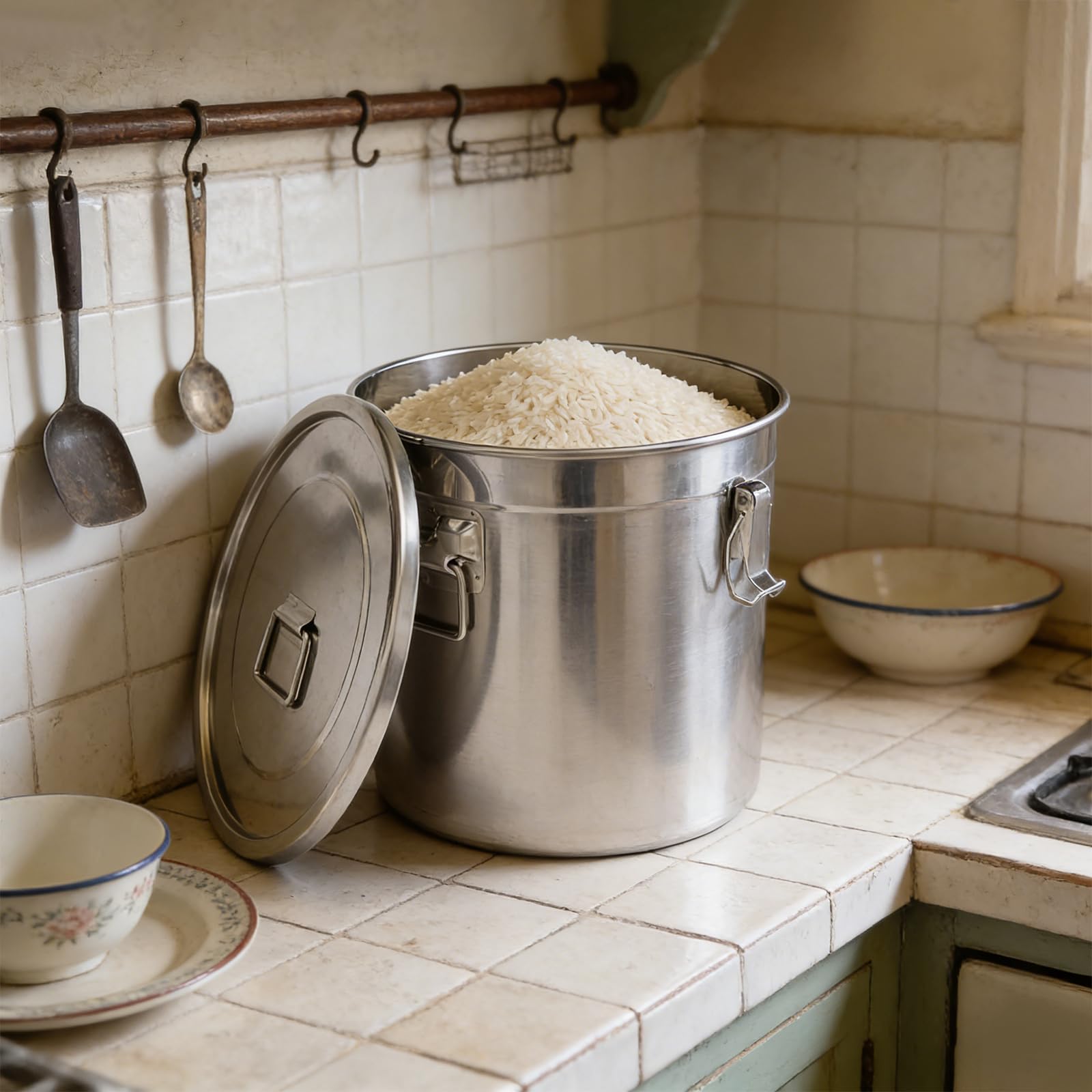 Contenitore ermetico in acciaio inox da 33 l, con coperchio e anello di tenuta in silicone, grande contenitore per alimenti, per riso, farina, cereali e tè, secchio in metallo per cucina e scorte