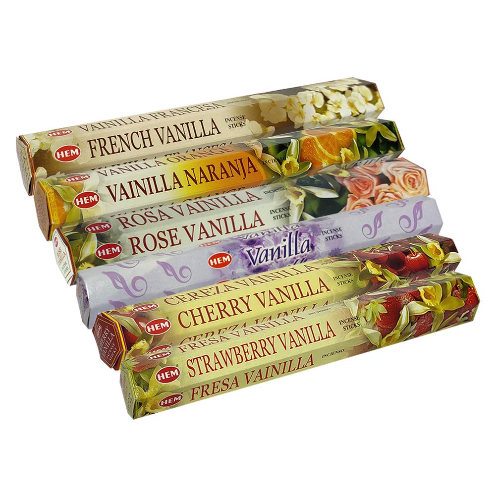 Hem, confezione assortita di bastoncini di incenso #18 e porta bastoncini di incenso con 6 fragranze alla vaniglia