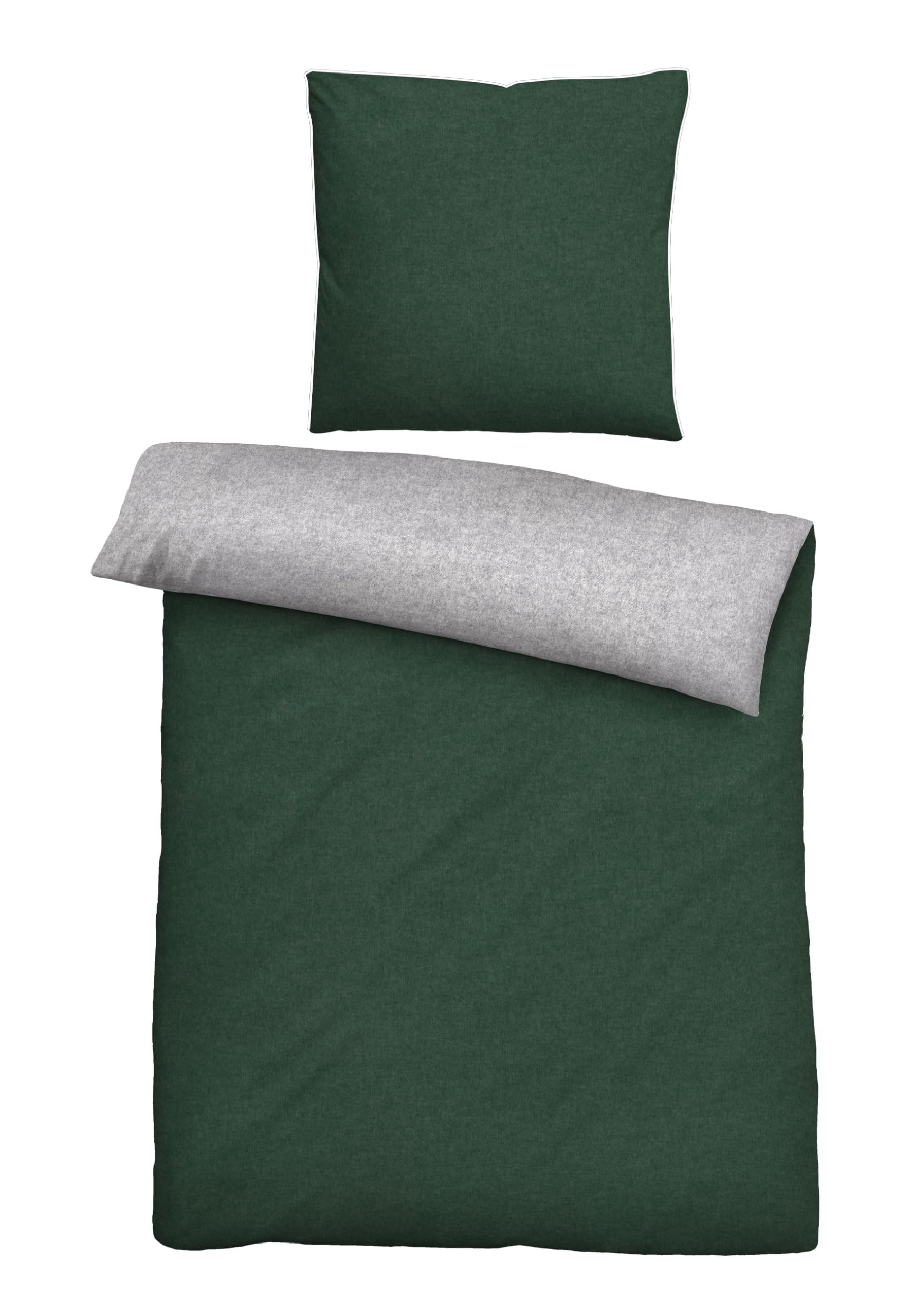 biberna Melange-Flanell Bettwäsche 155x220 cm, 2-teilig mit Kissenbezug 80x80 cm, 100% Baumwolle, Biber, mit Paspel, wärmend & weich, Reißverschluss, Winterbettwäsche, Uni, grün, Modell 0840500