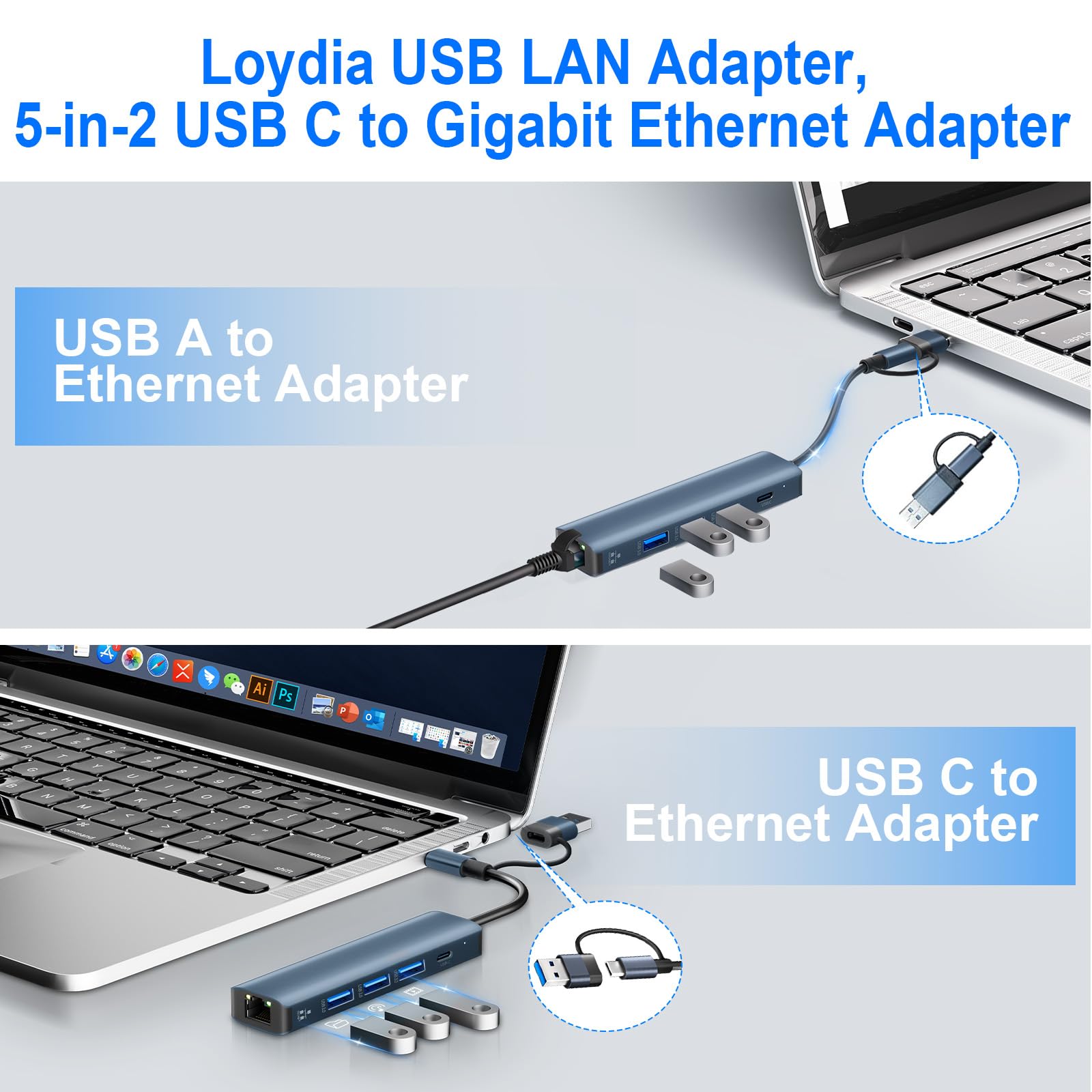 Loydia 5 en 1 USBC Hub Ethernet, Adaptador de Red Tipo C a Gigabit LAN 3 USB 3.0, Compatible con Mac/Linux/Win 11/10/8