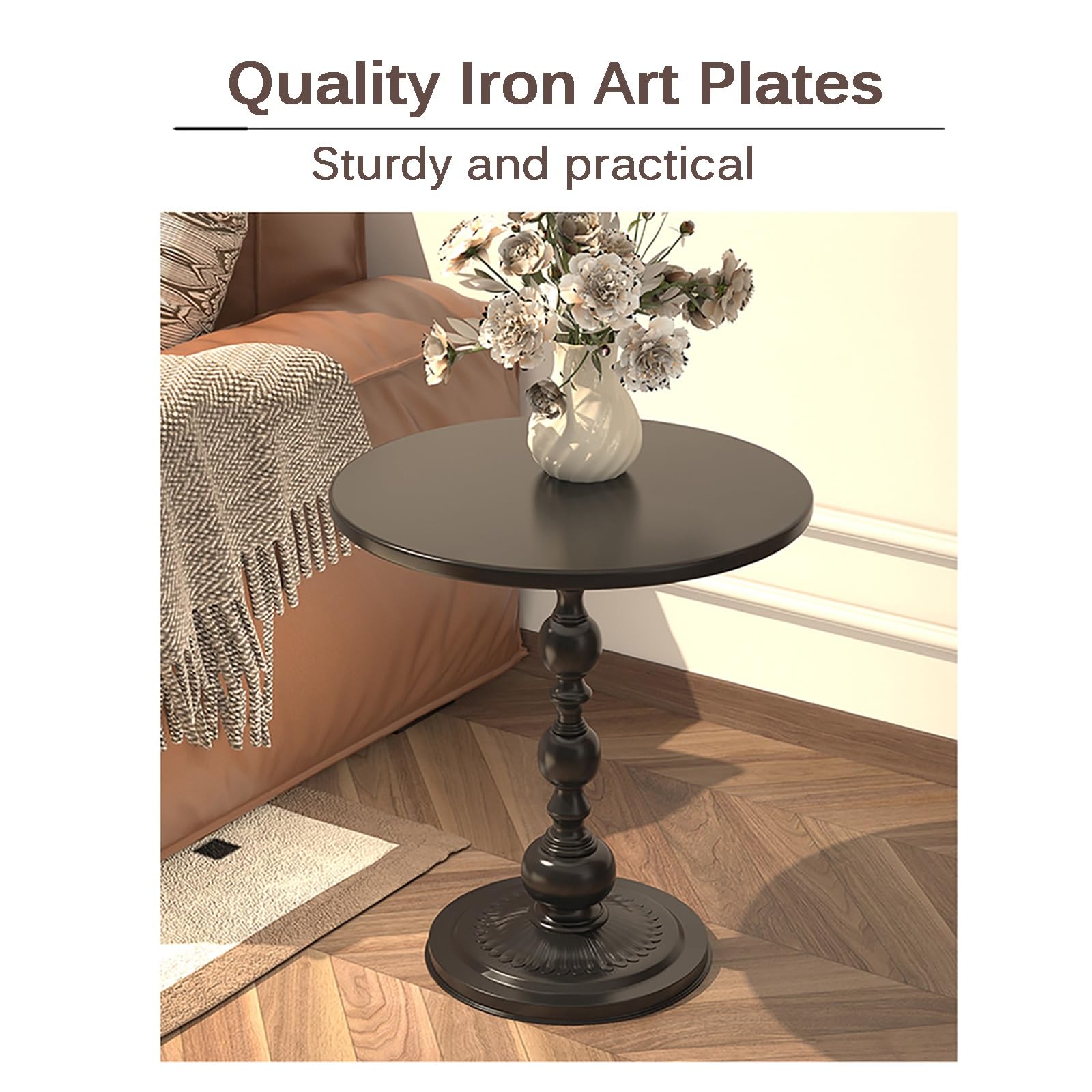 Tavolino Rotondo Industriale Con 2 Ripiani - Stile Vintage Per Soggiorno E Camera, Marrone E Nero - Foto 4