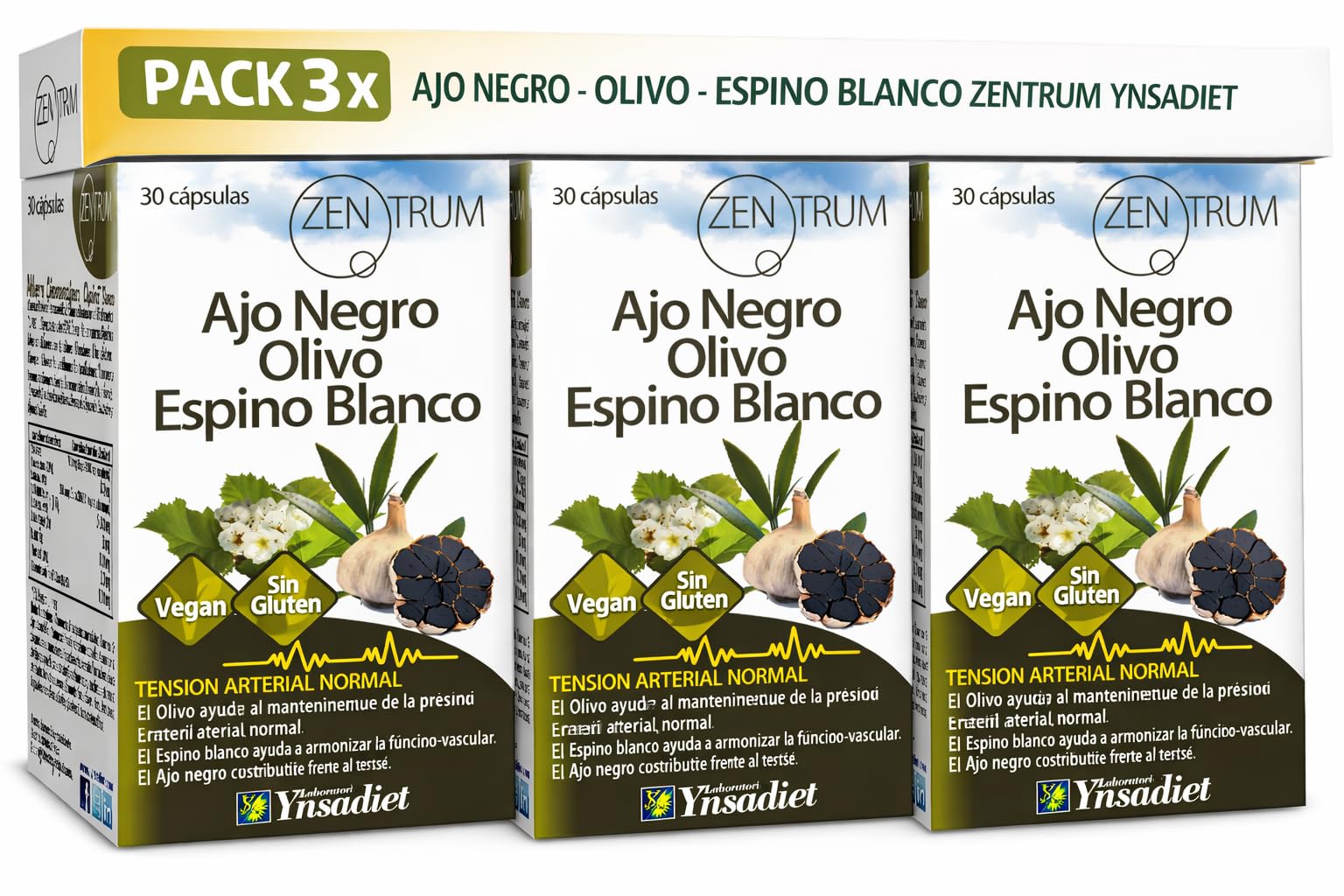 Pack 3 x Olivo Ajo Negro y Espino Zentrum Ynsa diet 30 cápsulas vegetales | Complemento para corazón y tensión normal | Con olivo, ajo negro envejecido y espino blanco, vegano y sin gluten