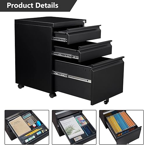 Miniatura 167 de Archivador móvil de 3 cajones con cerradura, archivador debajo del escritorio para oficina en casa, archivadores de metal sobre ruedas para archivo