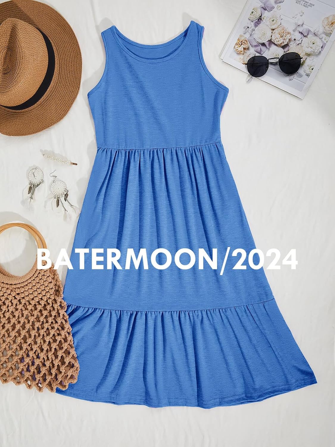 Batermoon Girls Summer Dress Sleeveless Flowy Tiered Casual Long Maxi Dress with Pockets image 4
