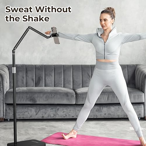 Miniatura 4 de Soporte de suelo para tablet con base de metal pesado de 10.6 libras, altura ajustable, brazo elástico, soporte para teléfono para cama, compatible