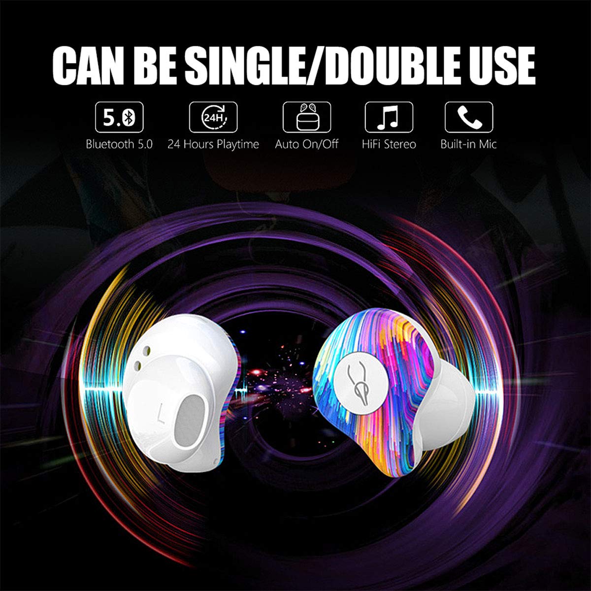 True bezprzewodowe słuchawki douszne, bezprzewodowe słuchawki Bluetooth 5.0, głęboki bas, stereo z redukcją szumów, odporne na pot słuchawki Bluetooth TWS, bezprzewodowe słuchawki z przenośnym pudełkiem do ładowania, tęczowe