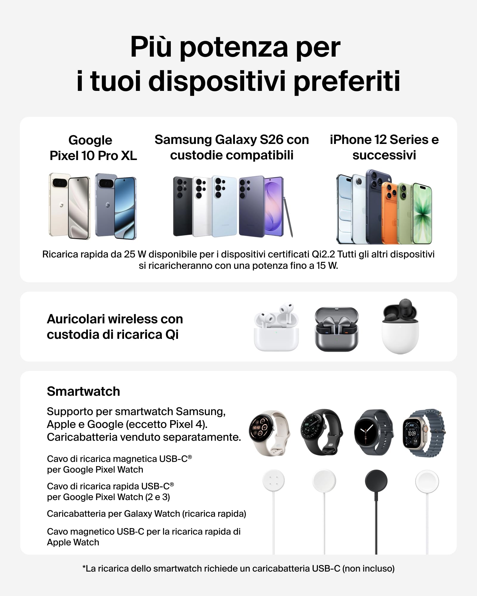 Belkin UltraCharge Caricatore Wireless Magnetico 3 in 1 Qi2.2 25W con Porta USBC, Stazione di Ricarica per Samsung Galaxy S26, Galaxy Watch, Pixel 10, Pixel Watch, Apple Watch, con Alimentatore 45W