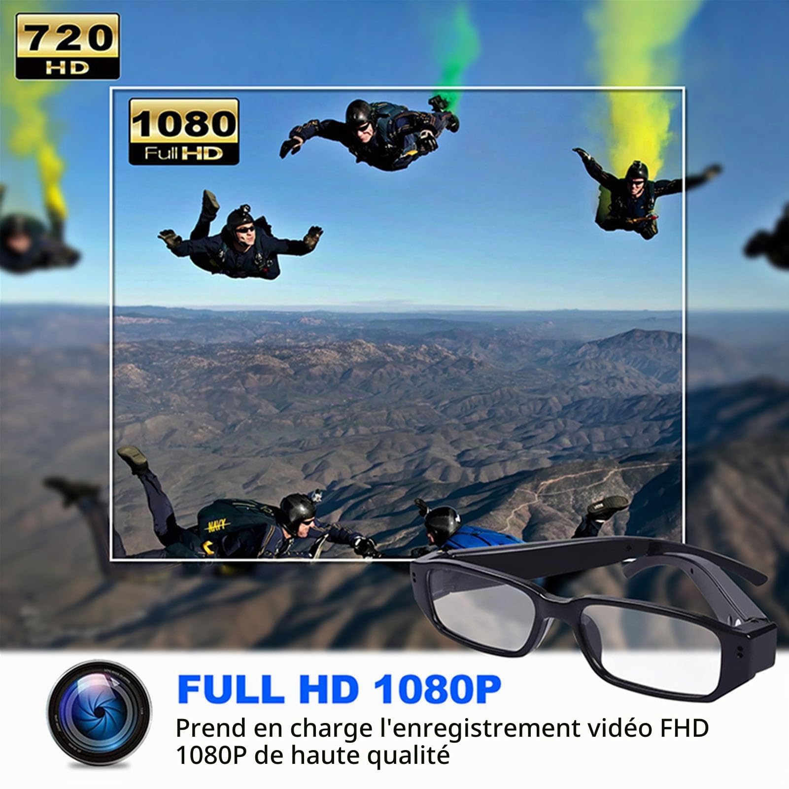 Lunettes avec Caméra, Enregistrement Vidéo HD 1080P, Stabilisateur d'image Intelligent, Objectif Grand Angle, Lunettes Portables pour Voyages, Cyclisme, Conduite Sports