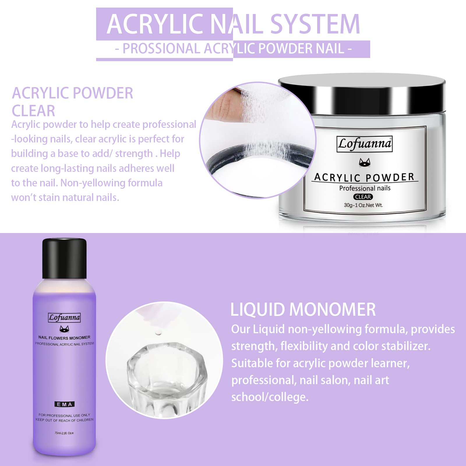 Lofuanna Set di Polvere e Liquidi Acrilici per Unghie con Polvere Acrilica Trasparente da 30g, Monomero Acrilico da 75ml, Pennello per Unghie in Acrilico Kit di Avvio Per Nail Art (set1)