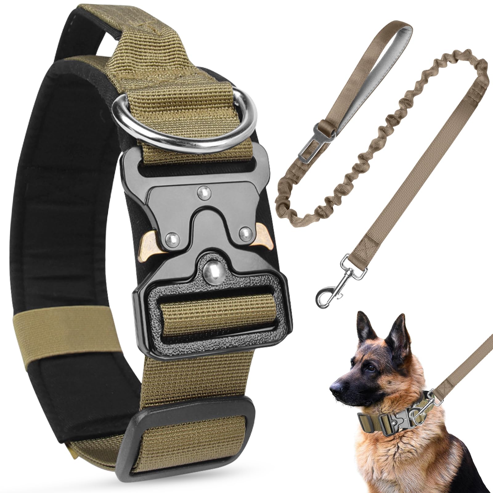 AKOFIC Tactical Dog Collar, Heavy Duty Wide Dog Collar with Handle and Soft Padded, Adjustable Comfortable Pet Collar for Small Medium and Large Dogs Training (Khaki+Leash, XL)