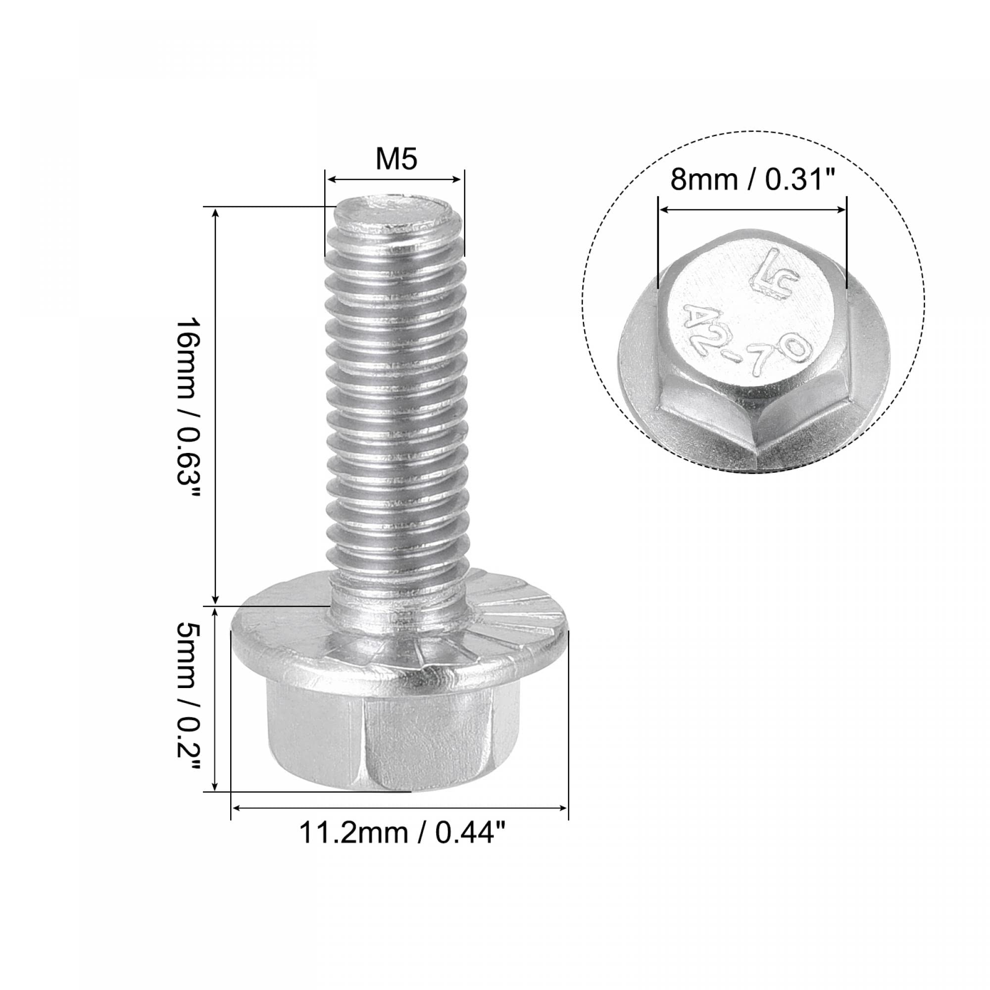 sourcing map Bulloni esagonali con flangia seghettata M5 x 16 mm, filettatura metrica in acciaio inox 304, 25 pezzi