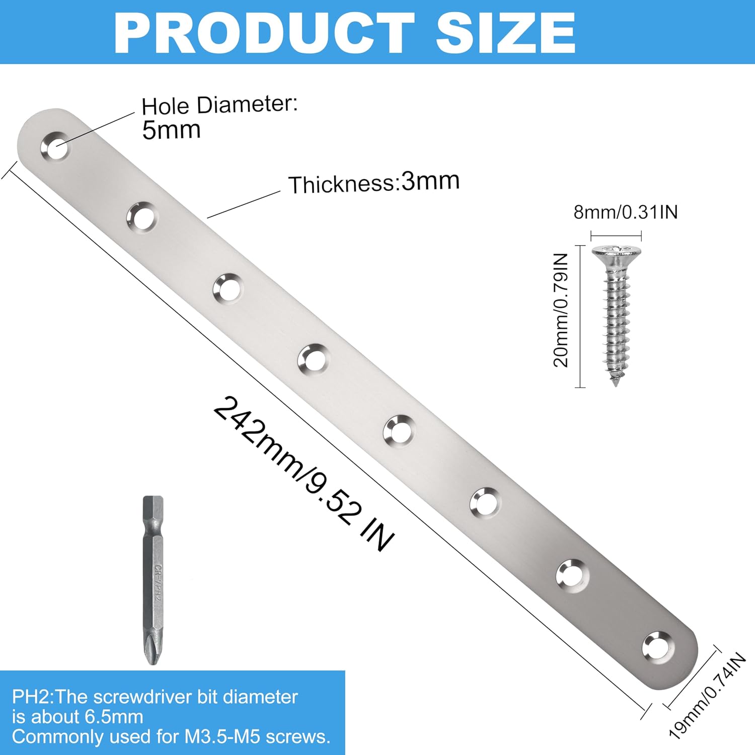 4 Pack Straight Brace,Flat Brace 9.7” x 0.75”,Stainless Steel Flat Metal Braces,Repair Bracket with Screws