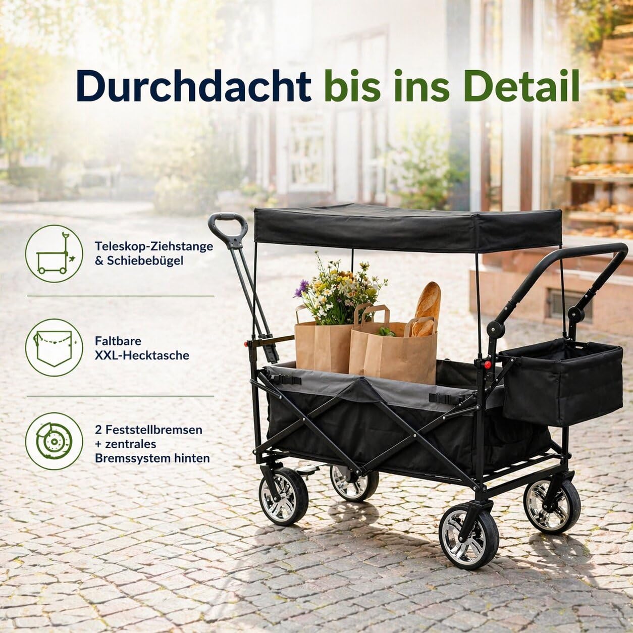 Bollerwagen faltbar mit Dach 105L 100kg Schiebegriff & Teleskop-Ziehstange 2 Feststellbremsen + Zentralbremse hinten 3-Punkt-Gurtsystem XXL-Hecktasche Bollerwagen mit Dach