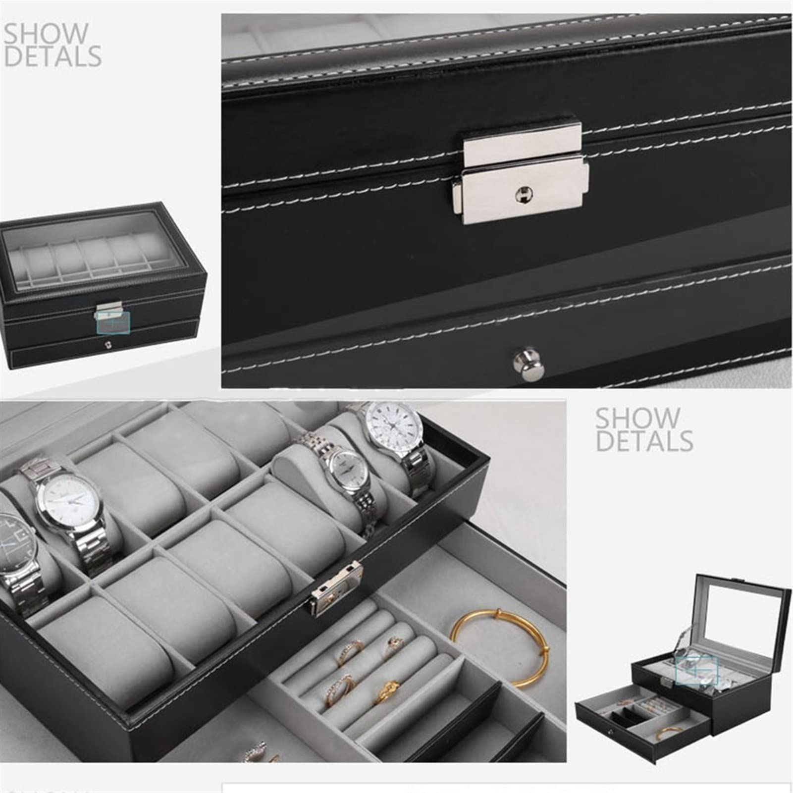 ProCase Horloge Box voor mannen, 3 slots horloge vitrine met lade, heren horloge case met glazen deksel, 2-laags sieraden en horloge opslag horloge houder organisator voor mannen vrouwen -3 sleuf