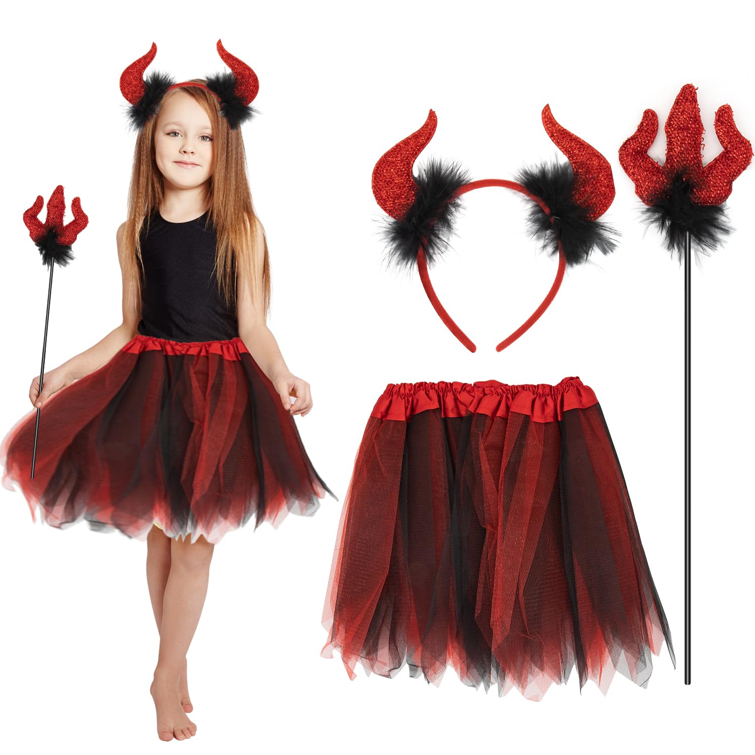 ALLY-MAGIC Children's Devil Costume 3PCS Kids Red Devil Costume Set Include Devil Horns Headband, Devil Fork and Tutu Skirt Halloween Outfit for Halloween Christmas Party Fancy Dress Cosplay Y7ETEMTZ