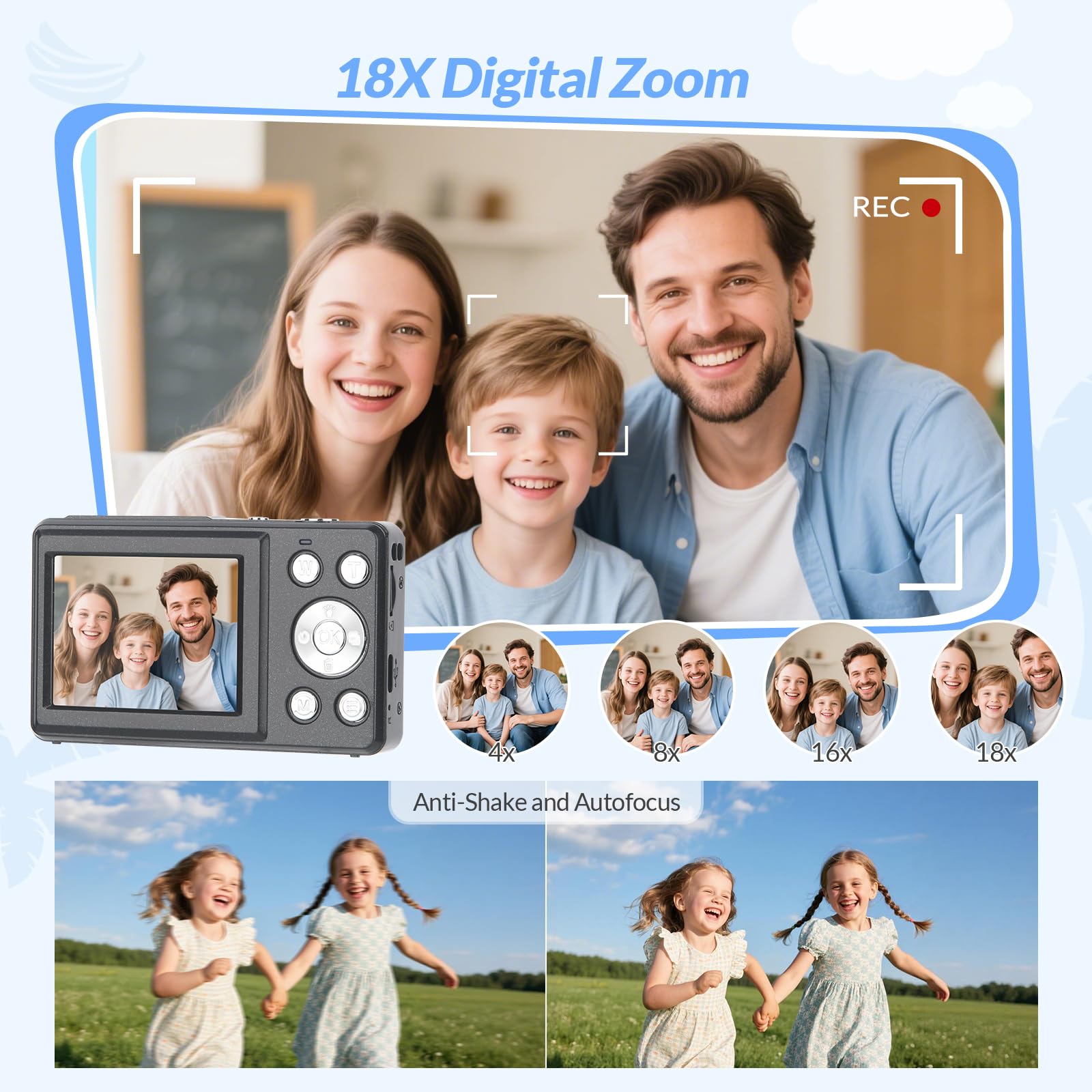 Fotocamera digitale, fotocamera portatile ad alta definizione 1080P con zoom 16x e stabilizzazione, include scheda di memoria interna da 32 GB, fotocamera compatta e leggera.