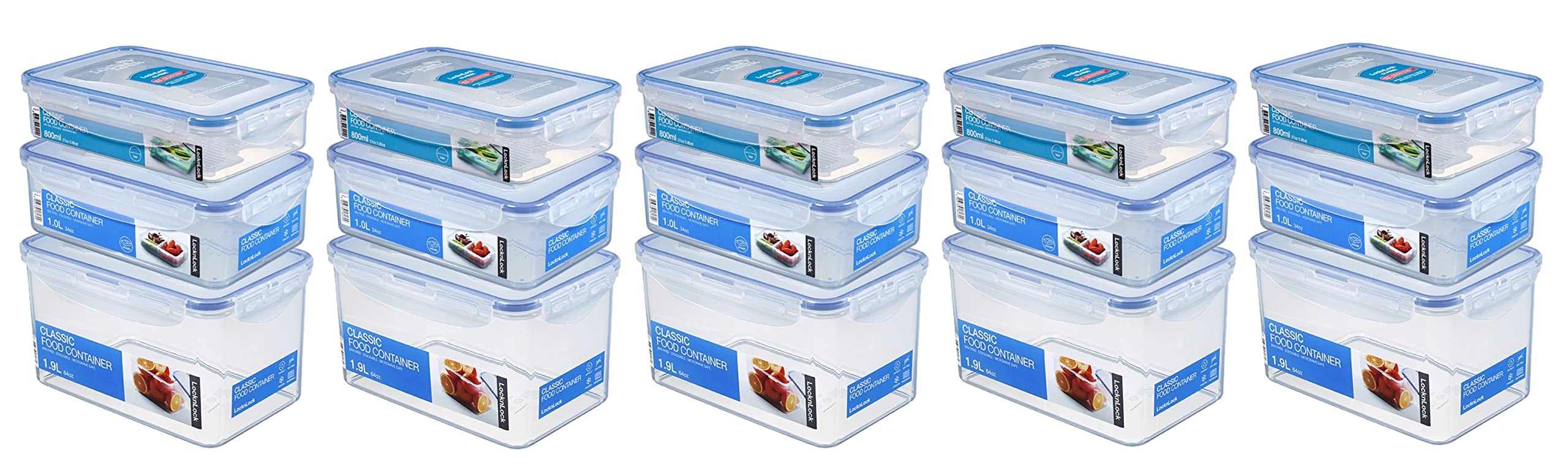 Lock & Lock - Juego de recipientes herméticos (15 Unidades, 5 x HPL818 1,9 l, 5 x HPL817T 1 L, 5 x HPL816T 0,8 L, apilables y espátula de Madera de Olivo multifunción)
