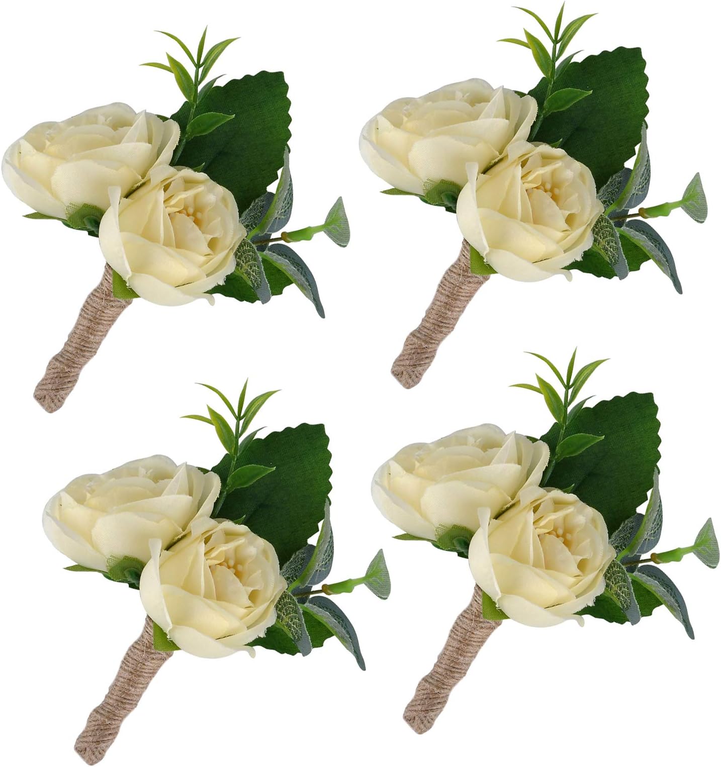 Handcrafted Boutonniere with Pin for Men Wedding, Brooch Bouquet Corsage Classic Artificial Groom Groomsmen Bride Silk Flowers for Wedding Prom Party 4 Pcs (Ivory-4pk)