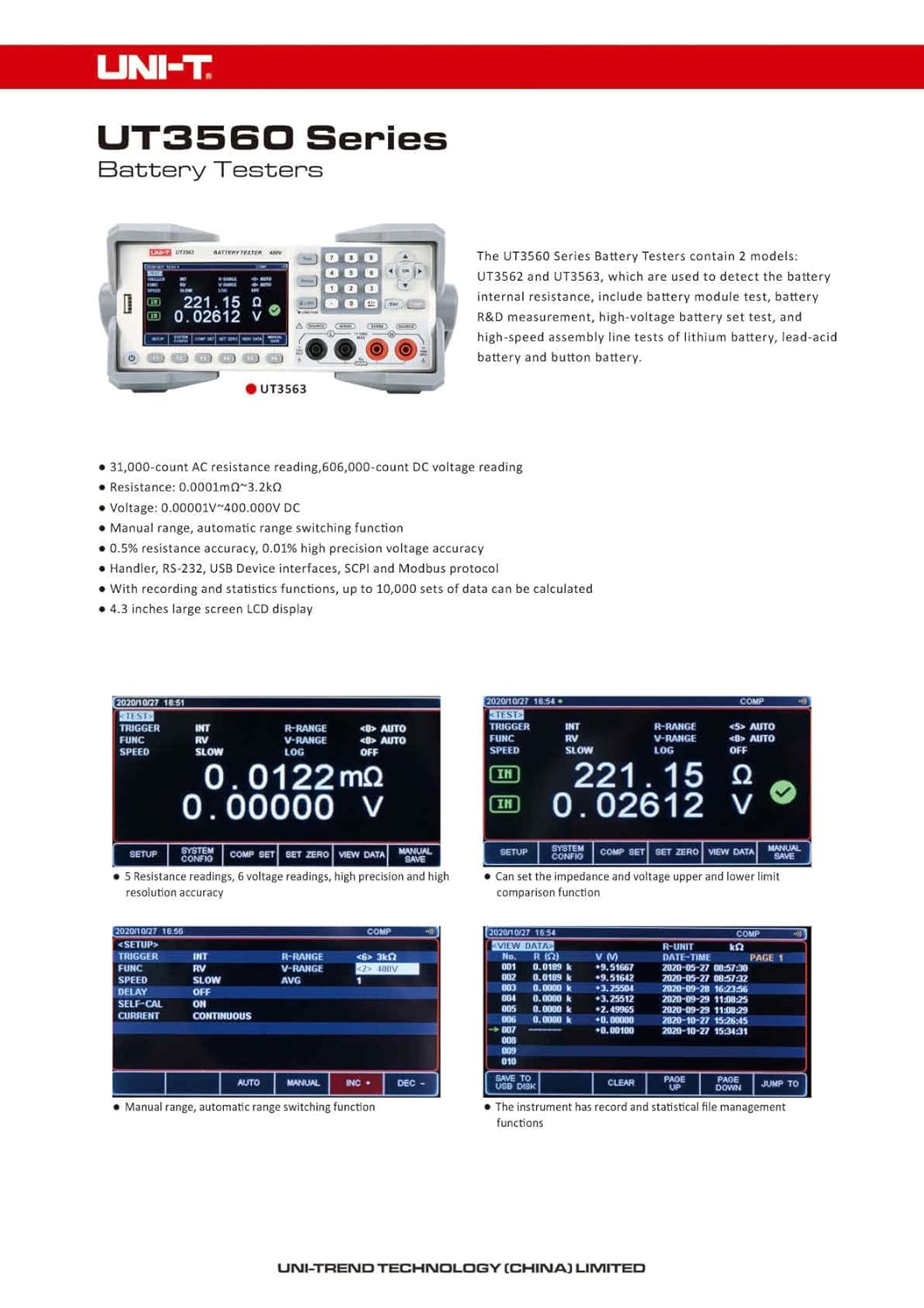 UNI-T UNI-Trend UT3562 UT3563 Battery Internal Resistance Tester Battery Detection high-Precision Lithium Battery Internal(UT3562)