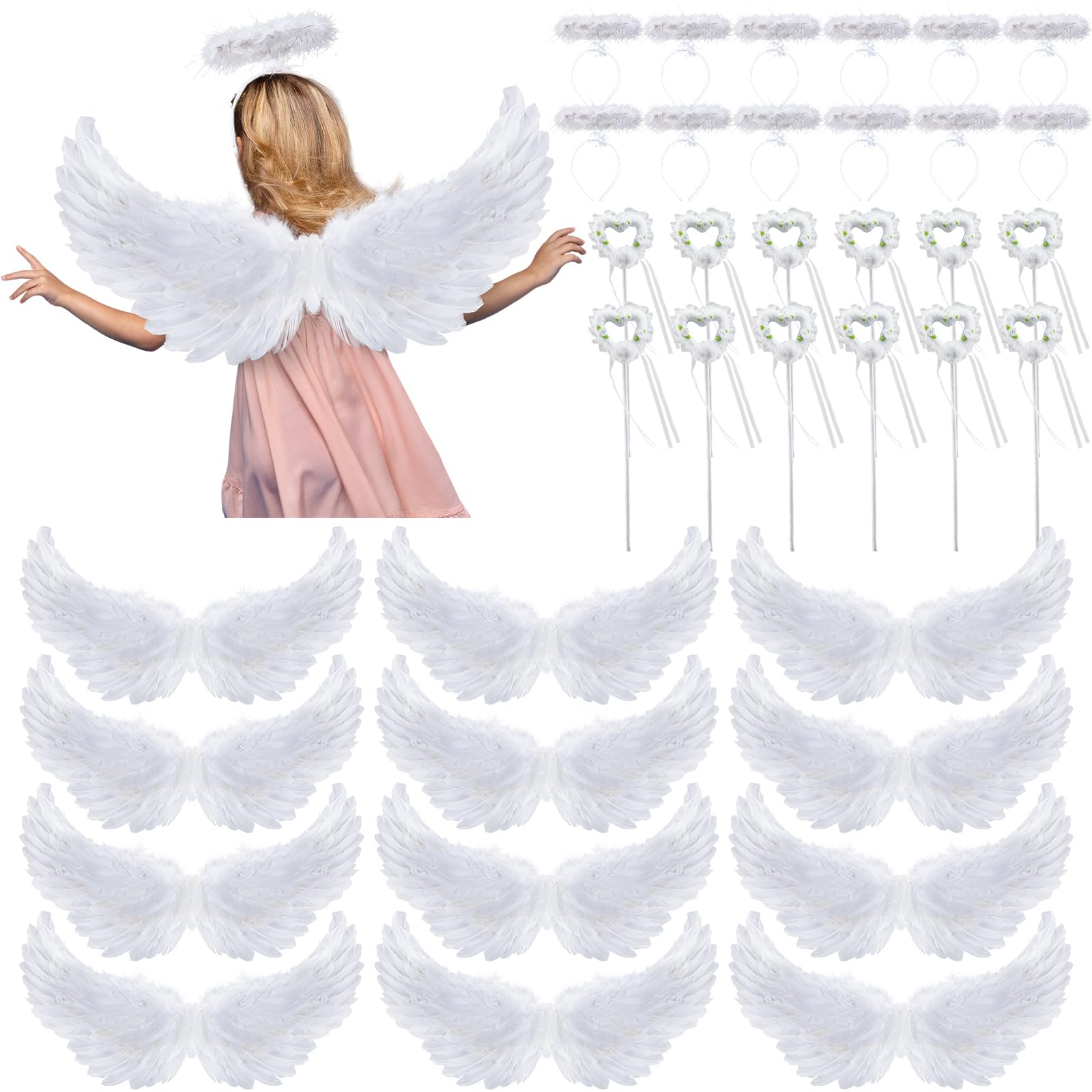 Leyndo Halloween Angel Feather White Wings with Headband and Magic Wand Bulk for Kids Halloween Angel Costume Role Play