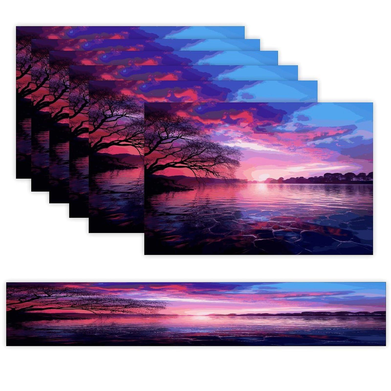 Purple Sunset on Water Table Runner and Placemats Set of 6 for Kitchen Washable Table Mats Heat Resistant Place Mats Non-Slip Place Mat Wipeable Placemat(6 Placemats+1 Table Runner)
