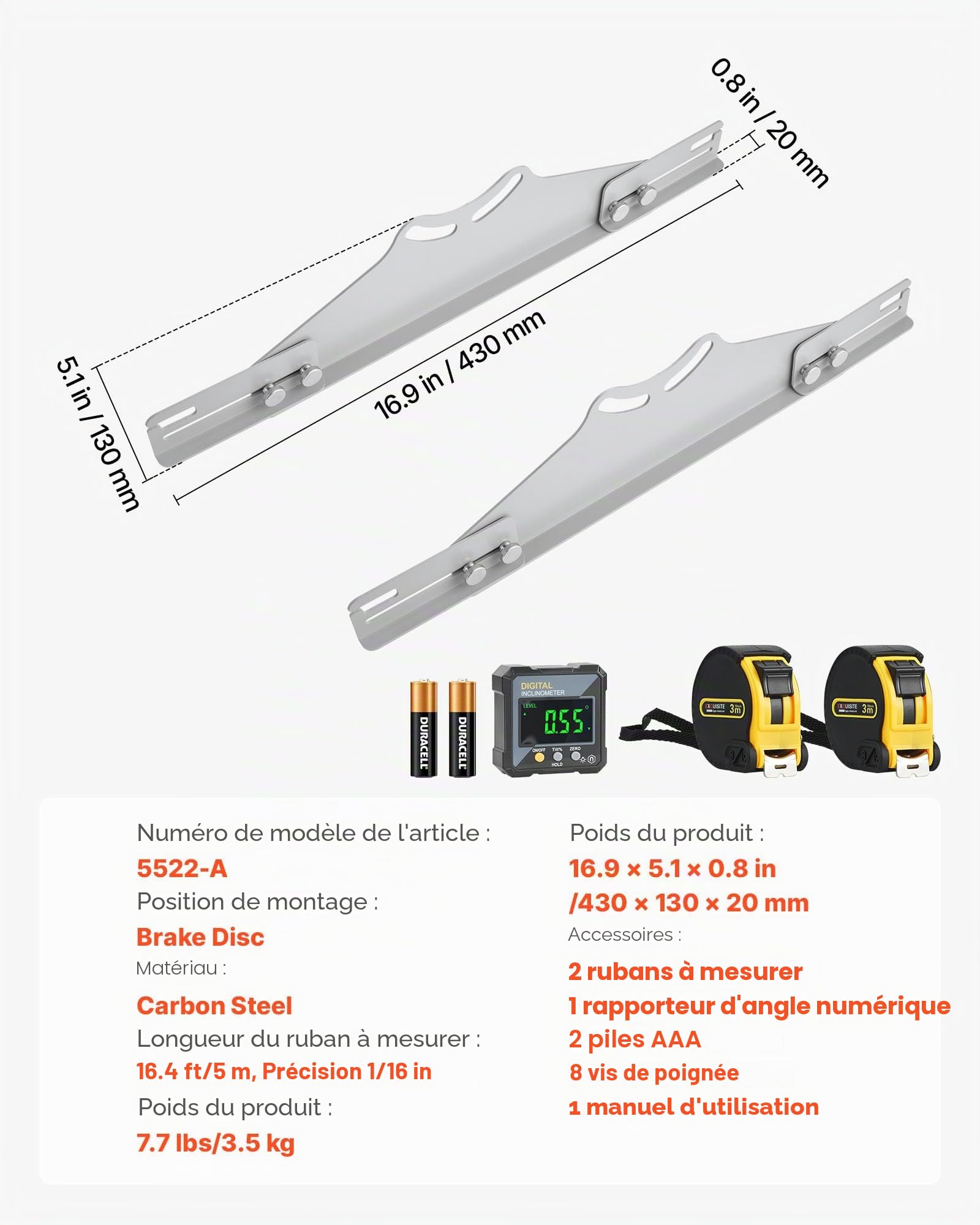 VEVOR Outil d'Alignement de Roue 2PCs, Plaque de Paralléllisme et de Carrossage en Acier Carbone avec Détecteur d'angle Numérique et 2 Rubans à Mesurer, pour Voitures, Camions, SUV et Véhicules