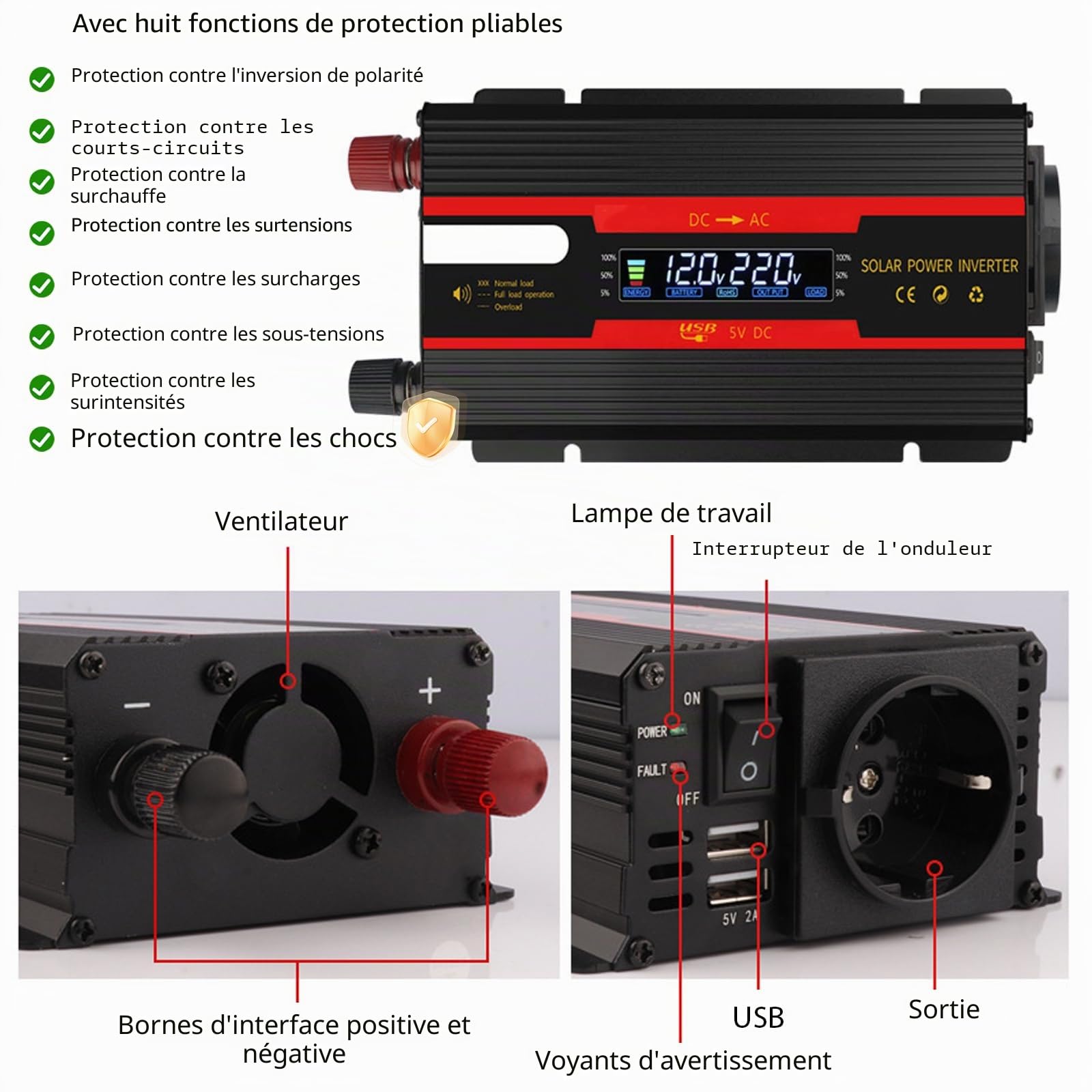 Convertisseur de tension DC 12 V/24 V vers AC 230 V - Onde sinusoïdale modifiée - 2000 W - Avec prises UE - 2 USB et affichage LCD - Adaptateur pour voiture, camion, caravane, camping