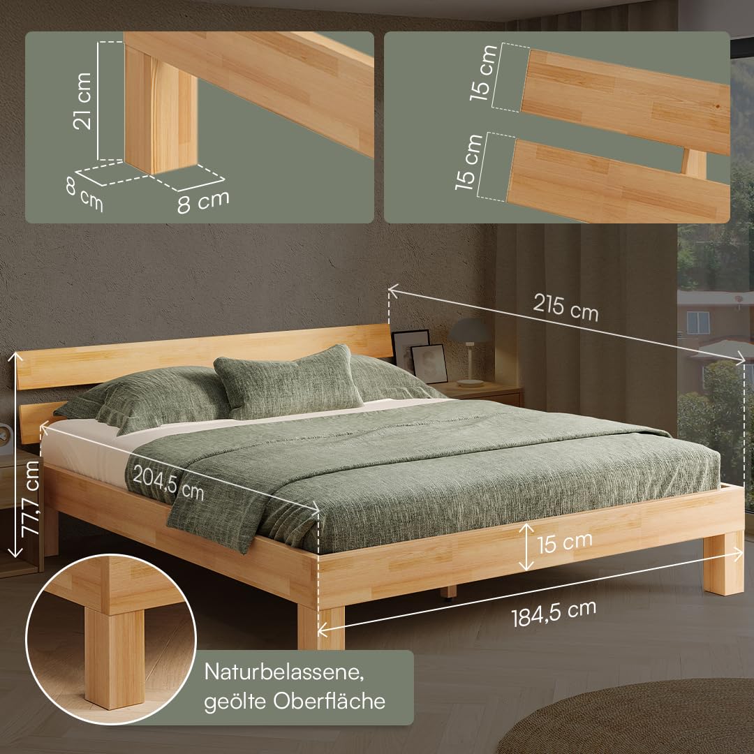 skølm Floki Massivholzbett 180x200 cm aus Buche - hochwertiges Bettgestell - Bettrahmen mit Bettkopf - Holzbett in Natur geölt - Bettrahmen geeignet als Doppelbett - Futonbett - Schlafzimmer Bett
