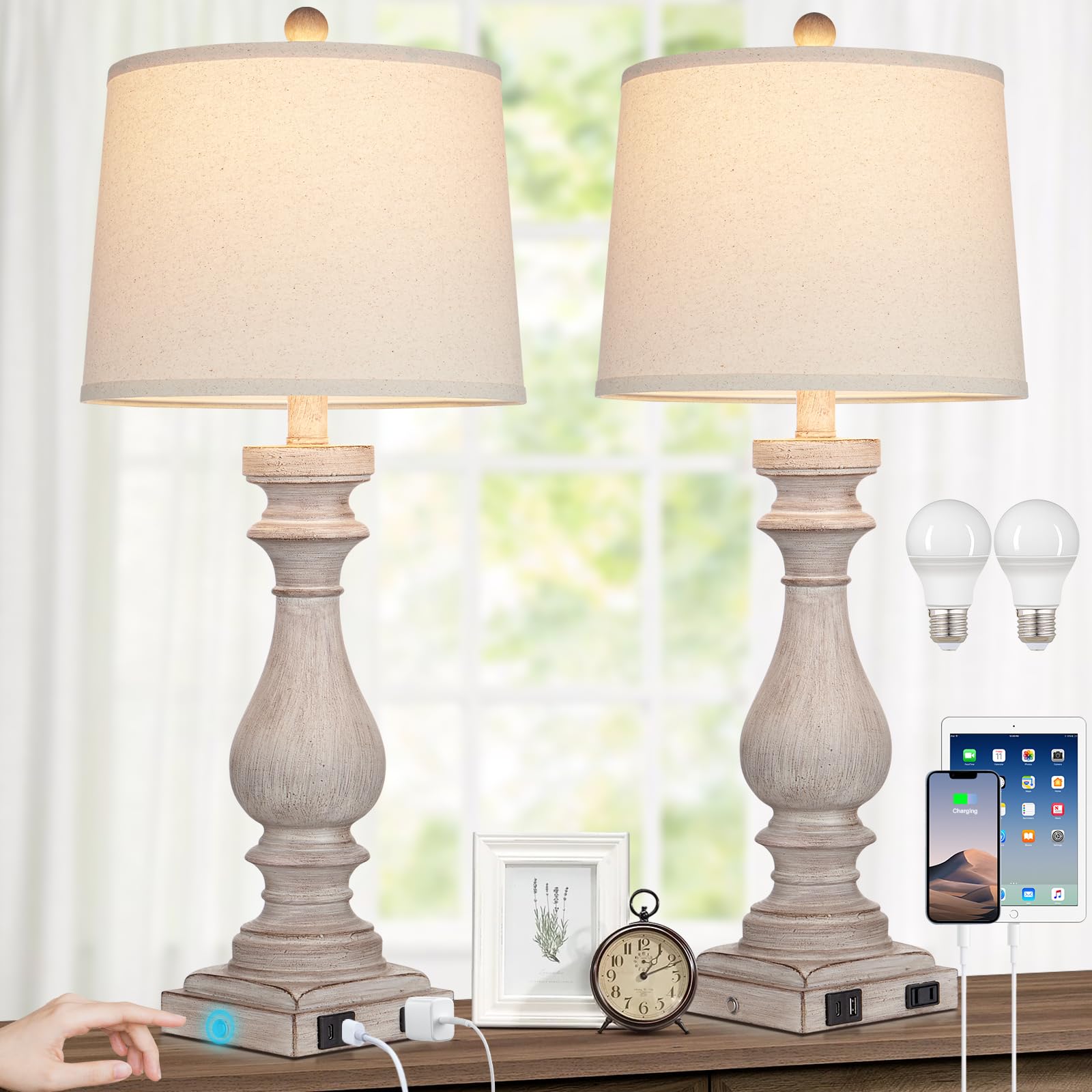 27.5" Farmhouse Table Lamp for Living Room Set of 2,Vintage Bedside Lamps with USB C+A Ports & AC Outlet,3-Way Dimmable Touch Control Gray Washed Finish Nightstand for Bedroom, Gray