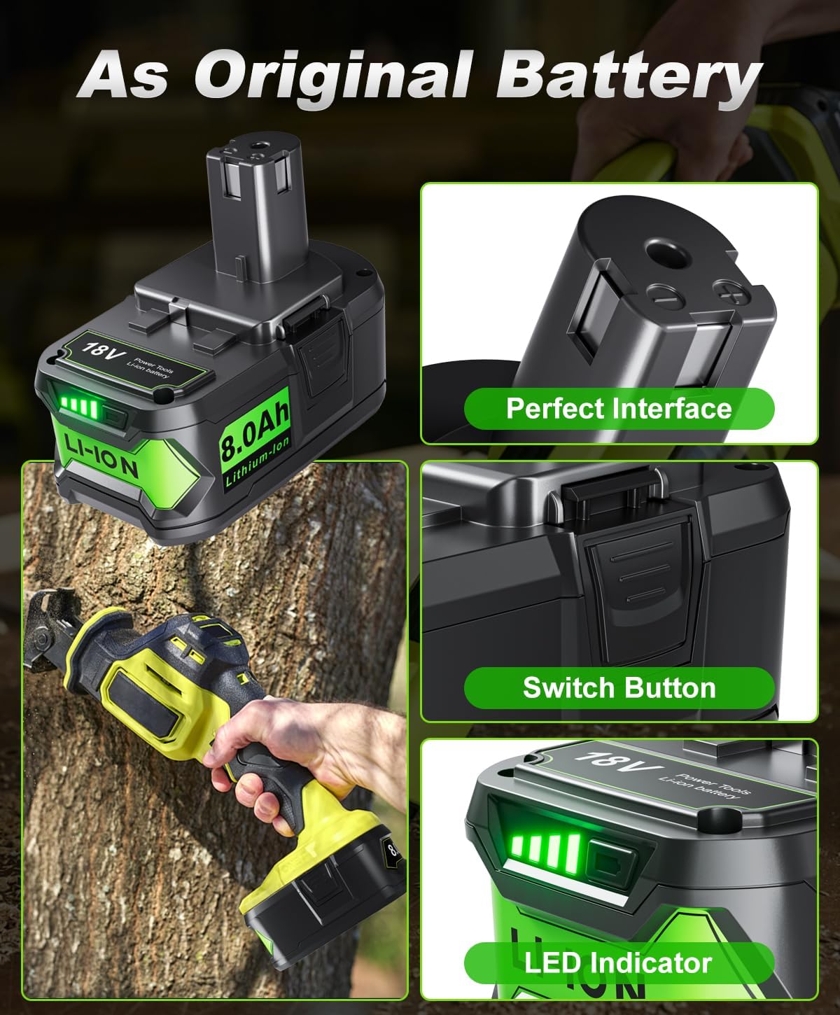 2Pack 8.0Ah Replacement for Ryobi 18V Lithium Battery Compatible with Ryobi 18 Volt Battery ONE+ Plus P102 P103 P104 P105 P106 P108 P107 P109 P190 PBP002 PBP003 PBP004 PBP005 RB18L50 BPL1820 Tools - Image 6