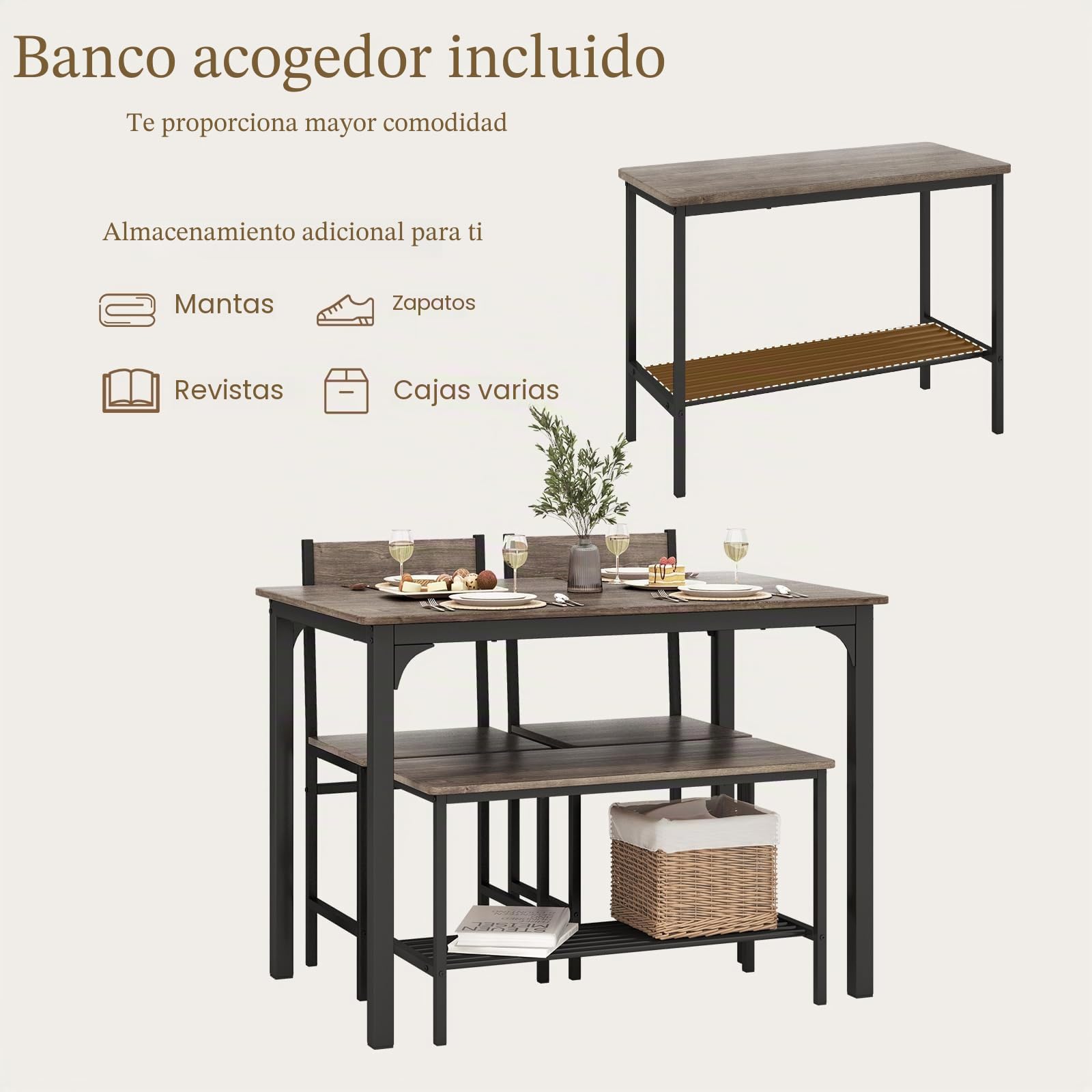 HOMASIS Juego de Mesa de Comedor 4 Piezas, con 2 sillas y 1 Banco, Juego de Comedor Industrial con Estructura de Metal y Estante de Almacenamiento, Juego de Mesa de Bar para Cocina, Comedor (Gris)