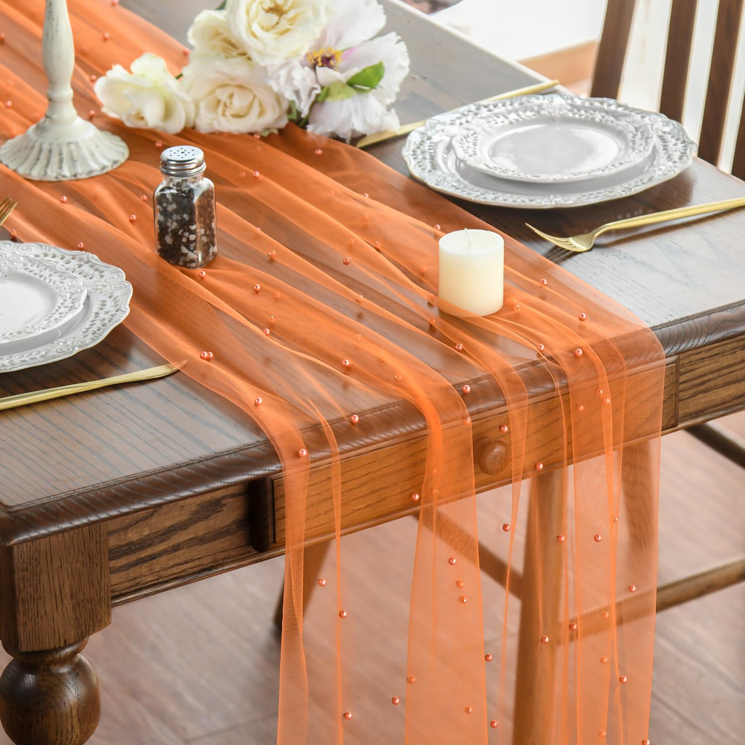 Photo 1 of Artoid Mode Pearl Orange Gauze Table Runner 120 Inch 10FT, Seasonal Sheer Dining Holiday Wedding Birthday Baby Shower Table Decor for Home Party