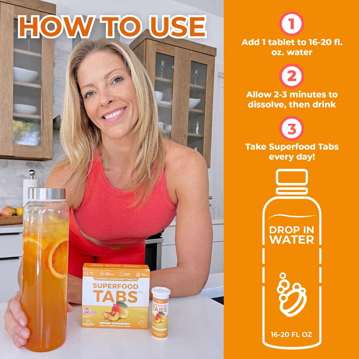 Superfood Tabs by Superfoods Company - Superfood Effervescent Drink Tablets with 15 Superfoods - Supports Digestion & Energy - Vegan, Non-GMO, Zero Sugar - Peach Mango [30 Tablets] — Amazon image 2