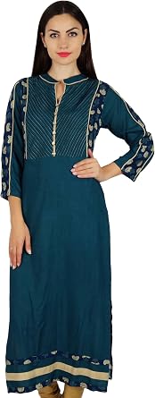 Bimba Women Blue Chic Style Tunic Indian Designer Kurta Kurti Boho Collar Neck Custom Blouse