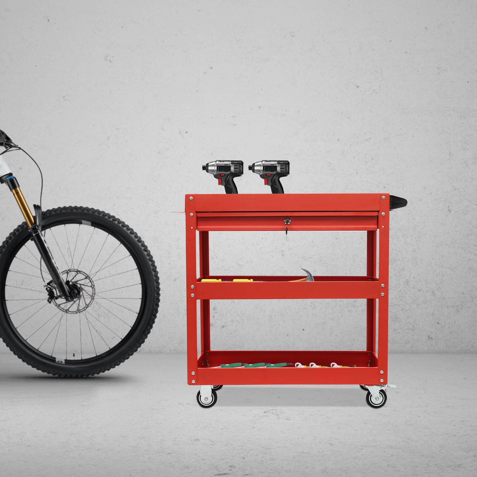Wózek narzędziowy z 3 poziomami, wózek warsztatowy, wózek transportowy, metalowy wózek z szufladą, nośność 150 kg, z szufladą i zamkiem na klucze