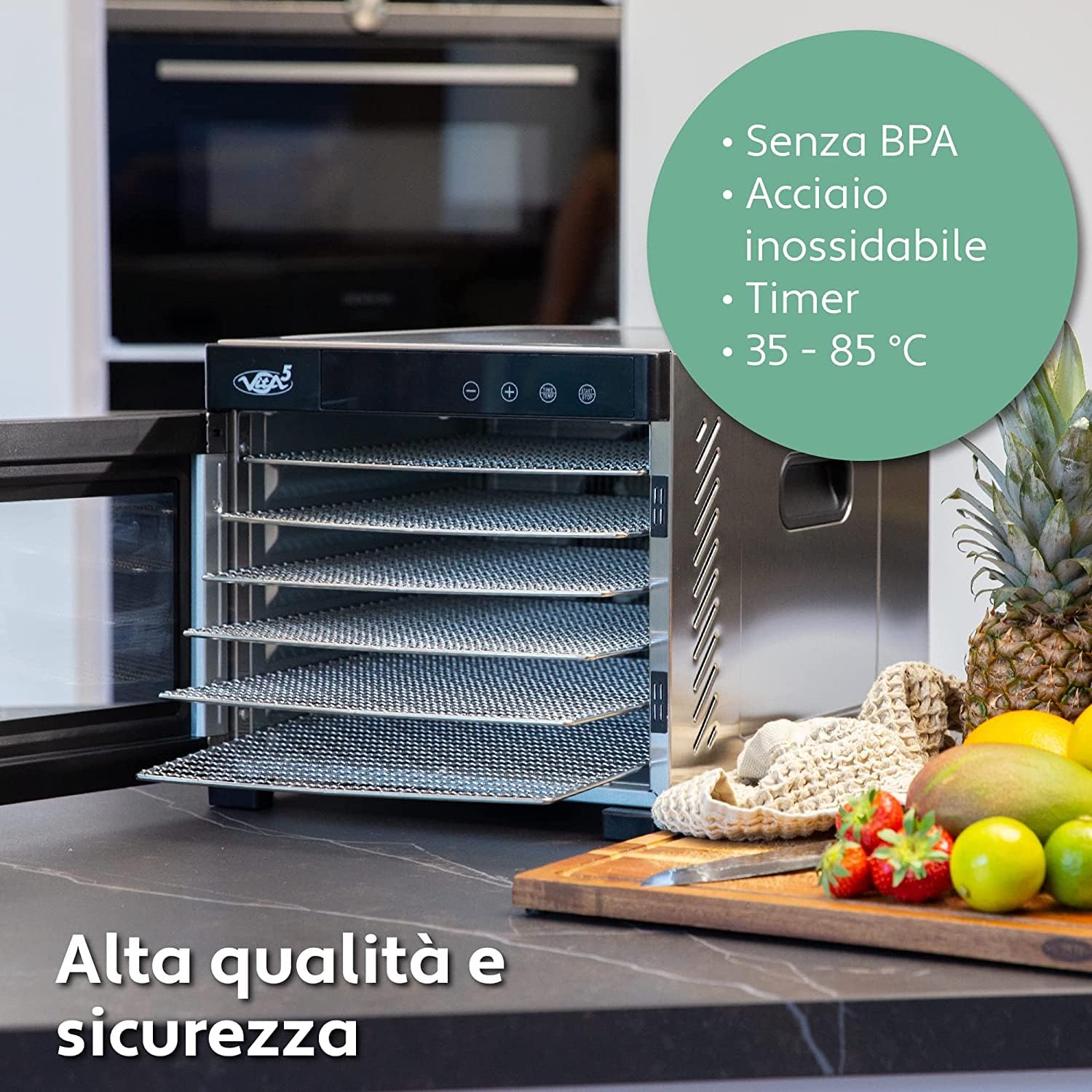 Vita5 Essiccatore Alimentare con 6 Vassoi in Acciaio Inox - Essicatore Frutta e Verdura 24 Ore Timer - Disidratatore Alimenti Temperatura Regolabile 35-75°C - 650W Essiccatore da Casa in Inox