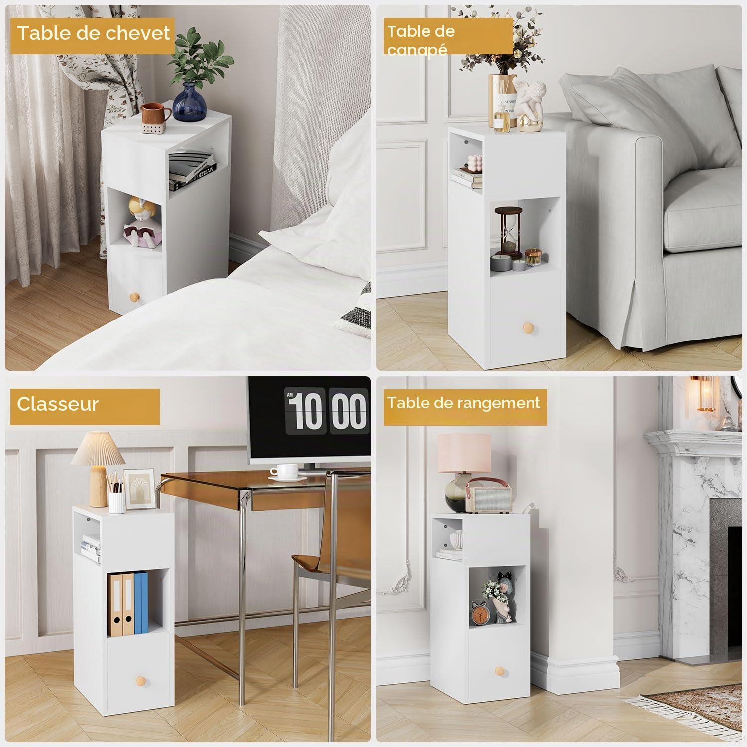 IBUYKE Lot de 2 Tables de Chevet Étroite, Table de Nuit avec 2 Compartiments Ouverts et 1 Tiroir, 20x29x55CM, Table d'appoint pour Les Petits espaces, pour Salon, Chambre, Blanc WNS006W-2