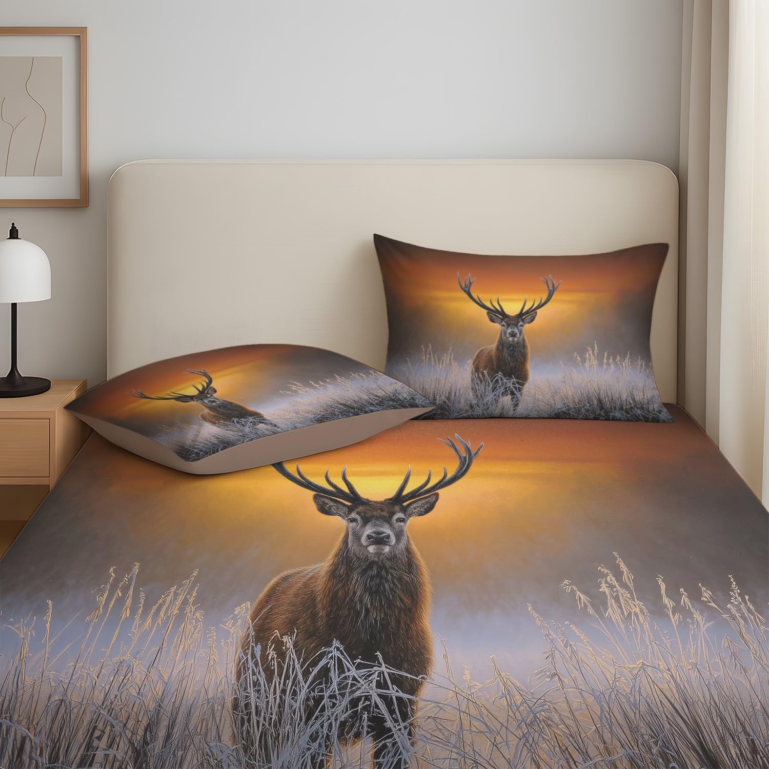 Wilderness jeleń prześcieradło z gumką 3D, realistyczny zestaw pościeli z motywem dzikiej przyrody, 30 cm, głęboka kieszeń, mikrofibra, oddychające, małe podwójne prześcieradło dla dzieci, nastolatków