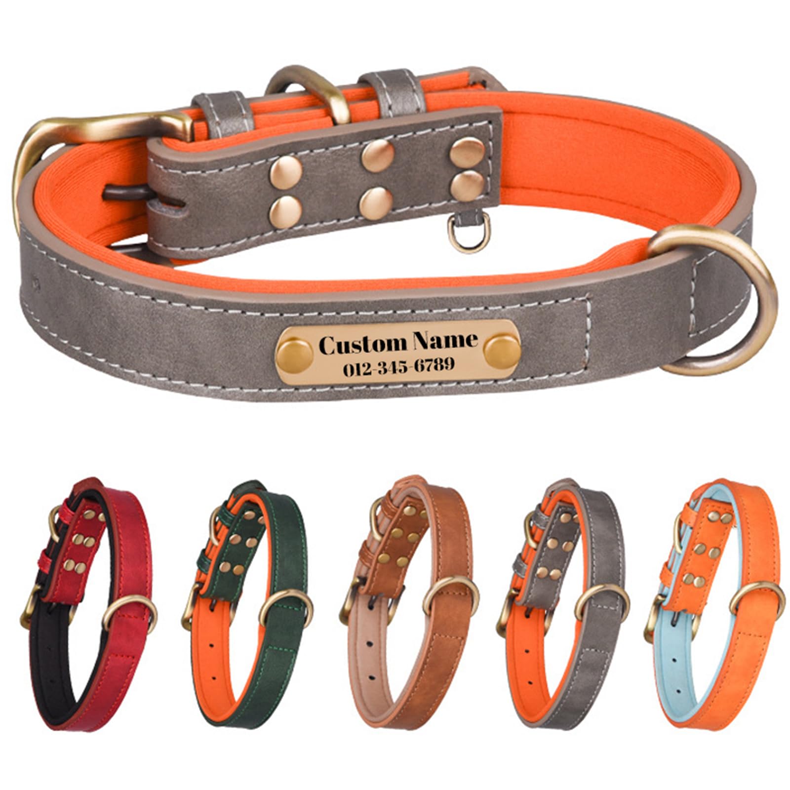 Collar de cuero personalizado para perro, ajustable, personalizable para perro pequeño, mediano, grande, XL, placa de nombre personalizable (gris)
